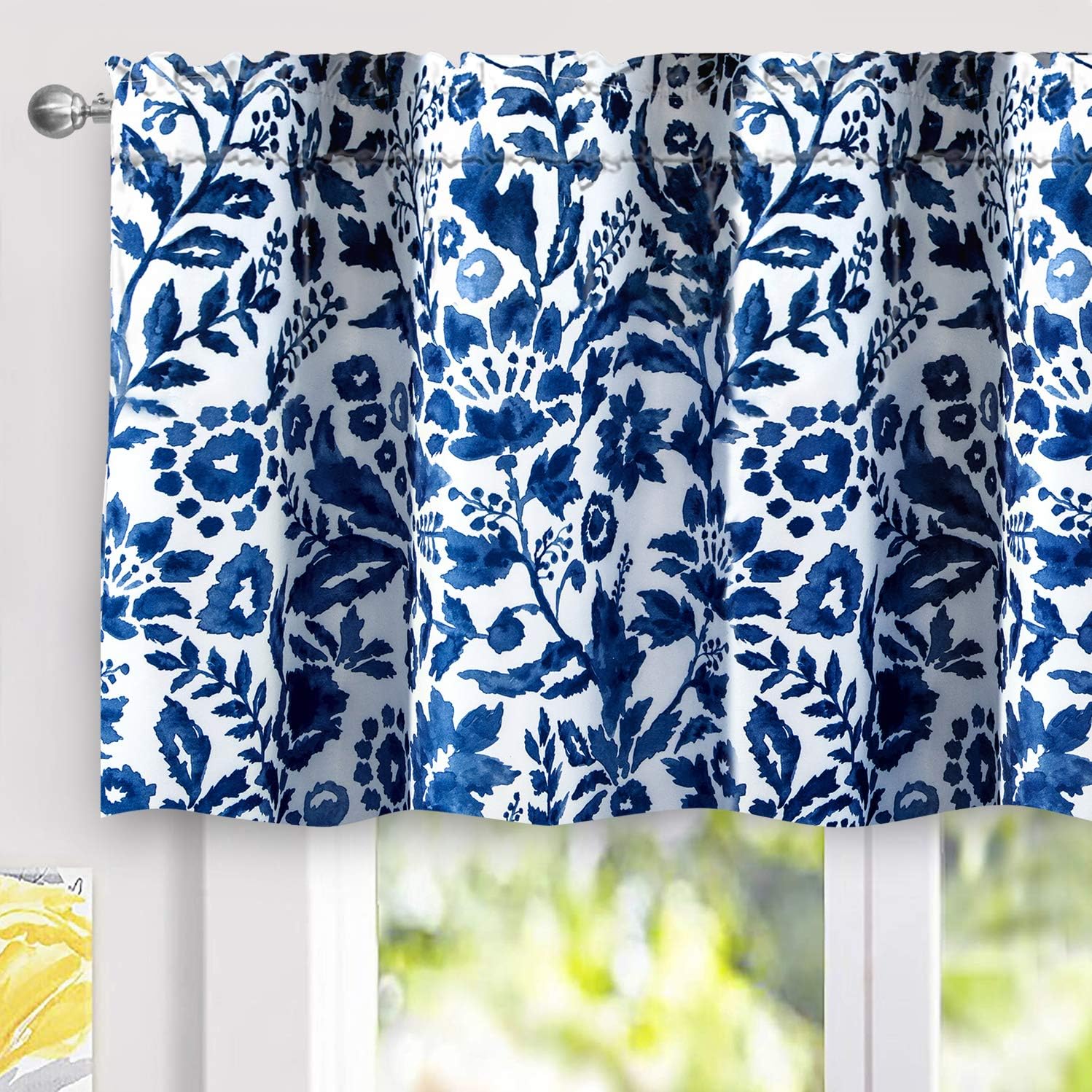 Inselnwald Watercolor Floral Valance - Navy Blue Thermal Insulated Window Valance, 52x14 Inch, Rod Pocket - View #14