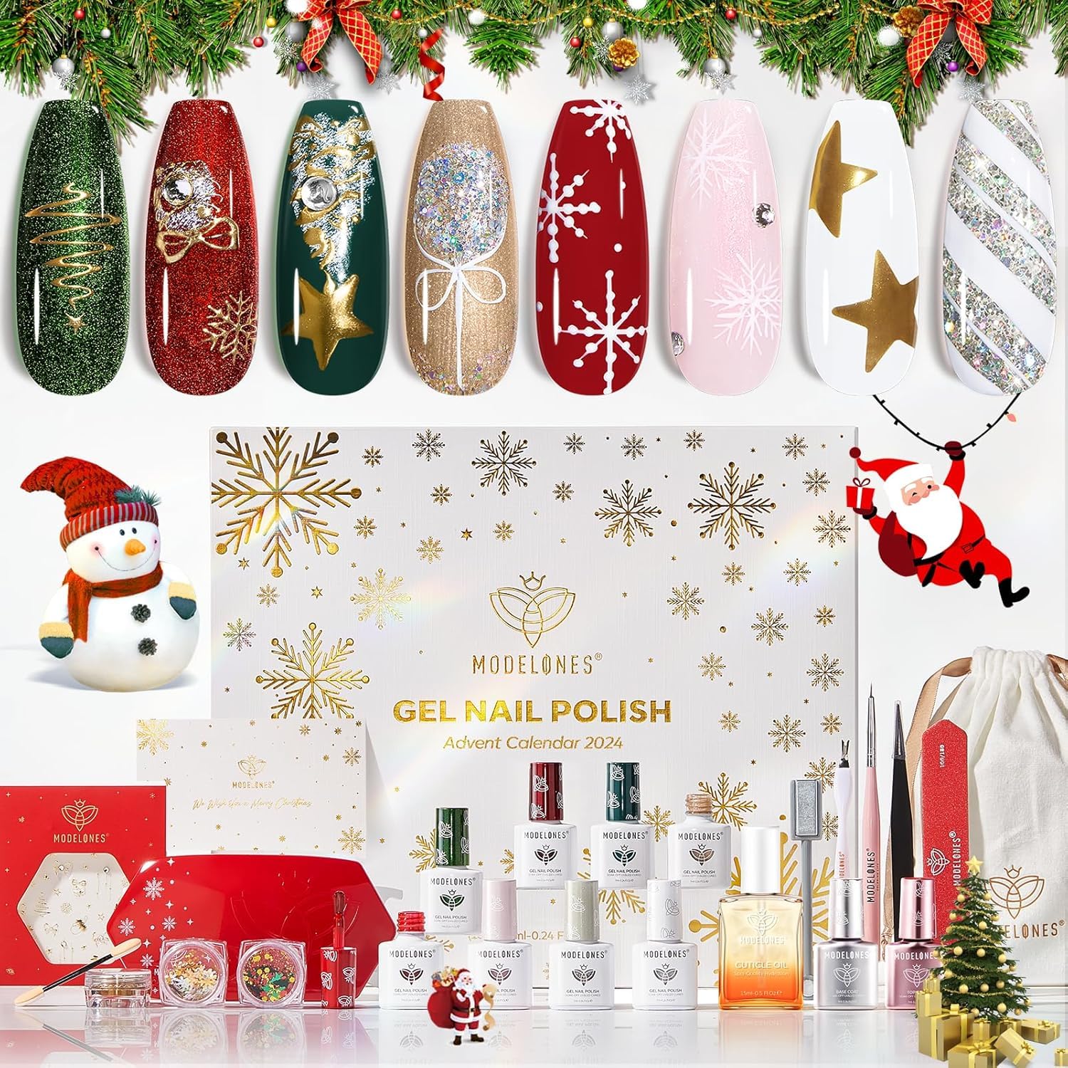 Modelones Kit Uñas Semipermanentes 8 Colores Esmaltes con Lampara UV 8W Kit Manicura Semipermanente Base Coat Top Coat, Kit Uñas de Gel para Principiantes, Rojo Verde Cat Eye Oro Plata Blanco Xmas