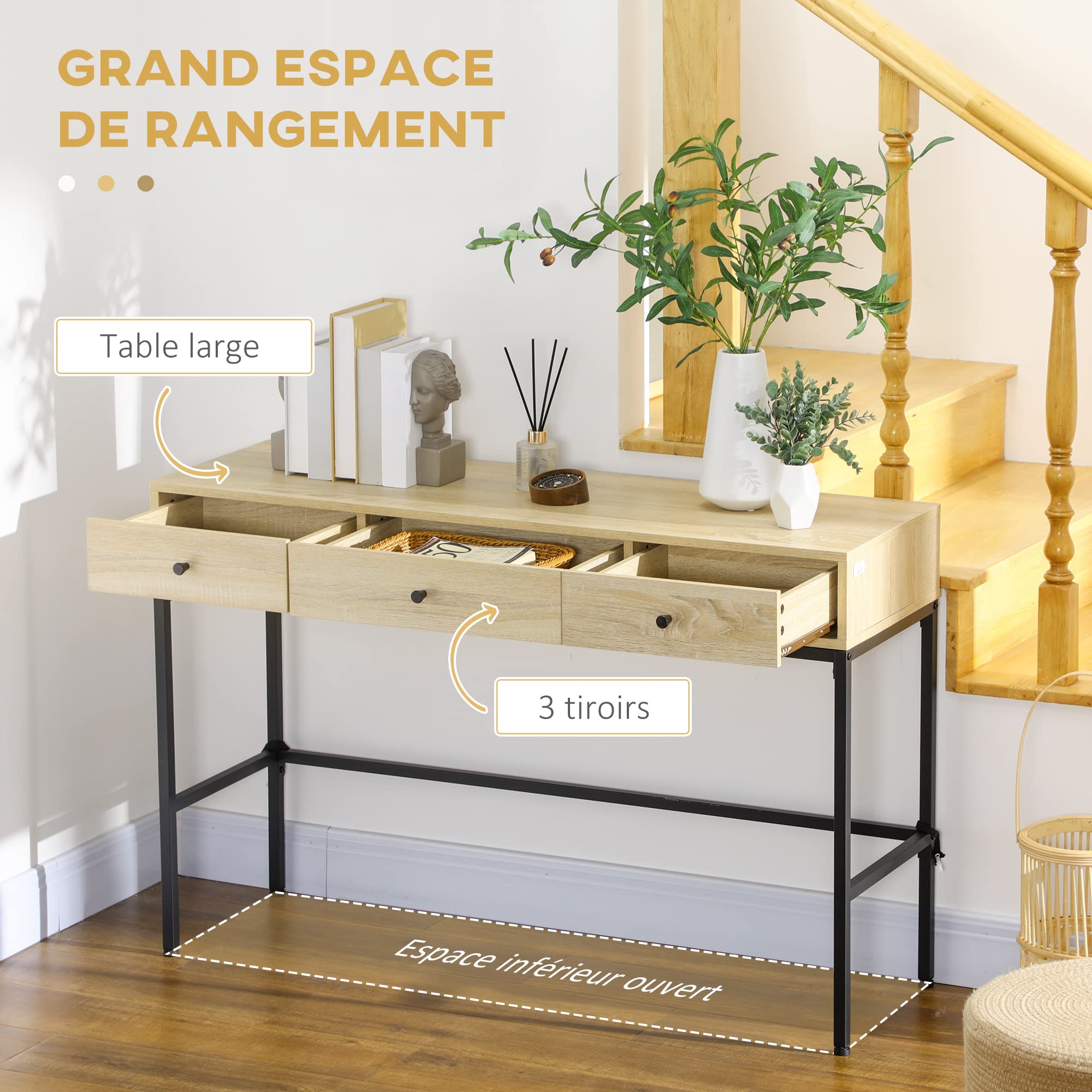HOMCOM Table Console Table d'entrée Bout de canapé Structure en Acier 3 tiroirs Effet Bois Style Industriel 120 x 39,8 x 78 cm Naturel Noir