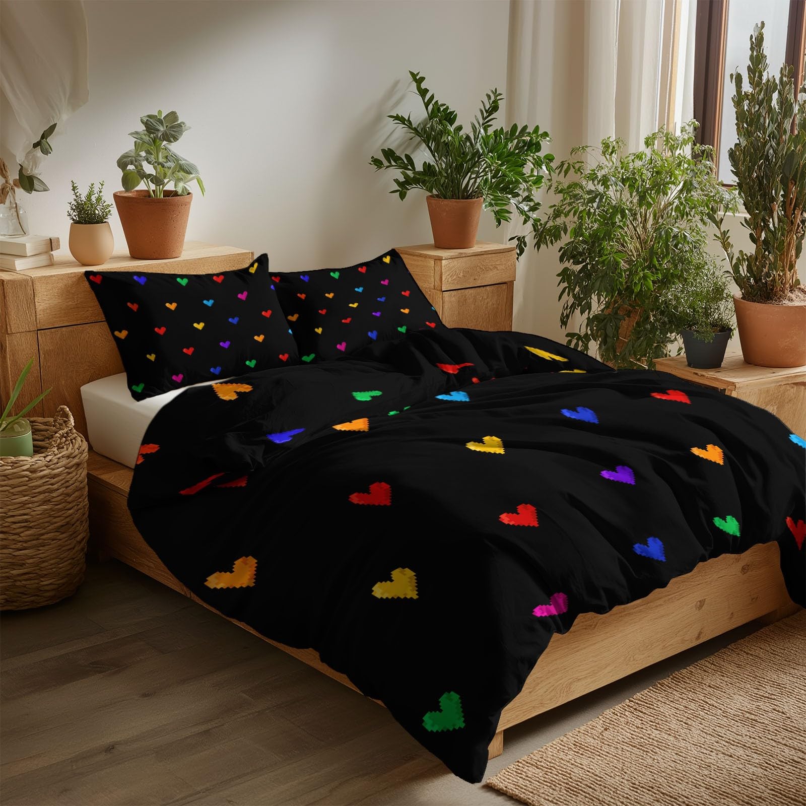 Zestaw Poszewek Na Kołdrę Łóżko 150 Miłość Serce Kolorowe Romantyczne 220x240 cm 3-częściowy zestaw pościeli, miękka poszewka na kołdrę antyalergiczna Poliester Bawełna i poszewki na poduszki