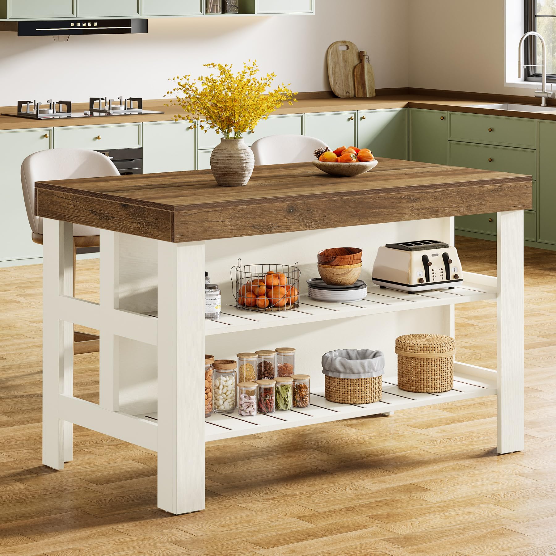 Tribesigns farmhouse-style kitchen island with seating and storage shelves