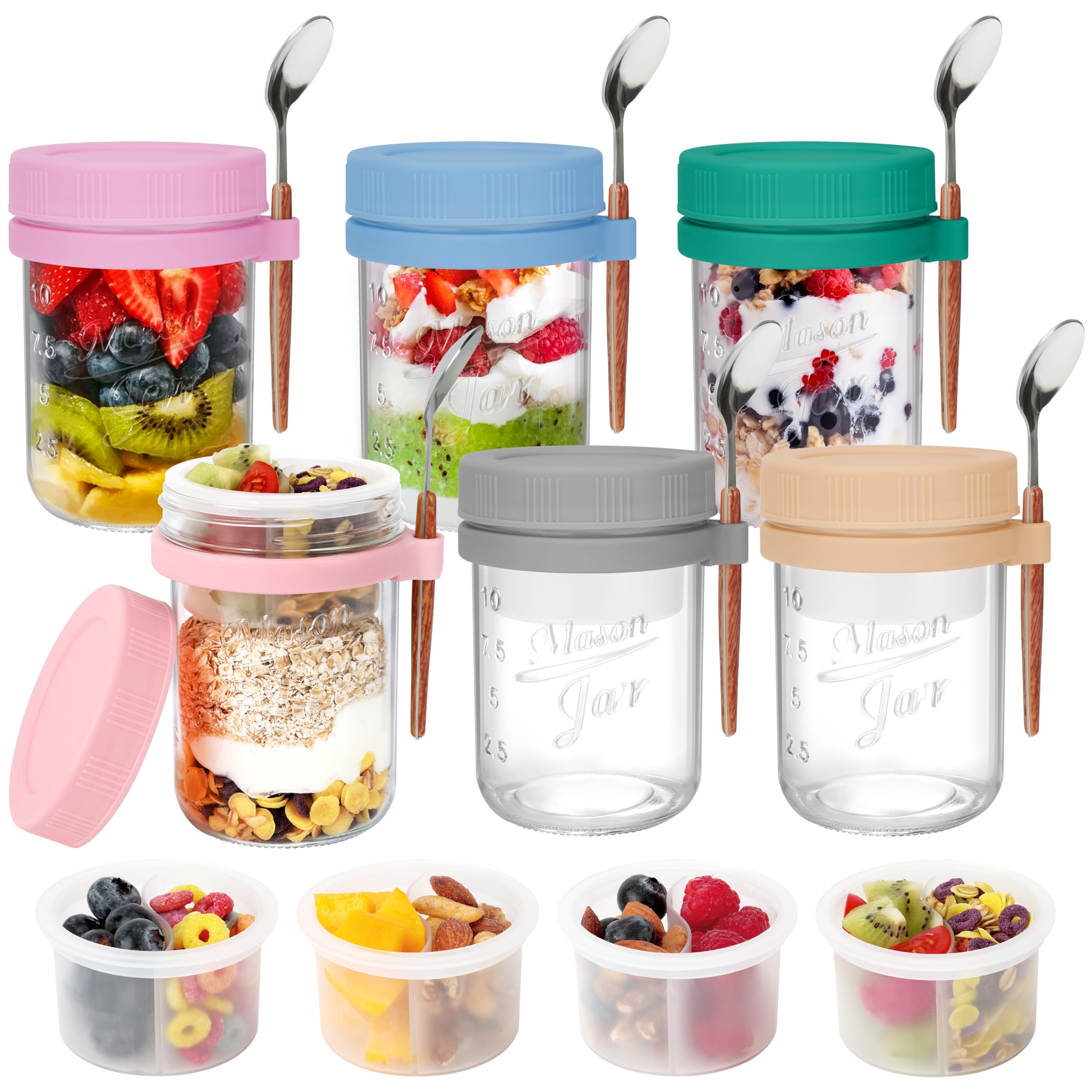 OcePor 6 Pack Overnight Oats Containers with Lids and Spoons, 16 oz Glass Mason Jars
