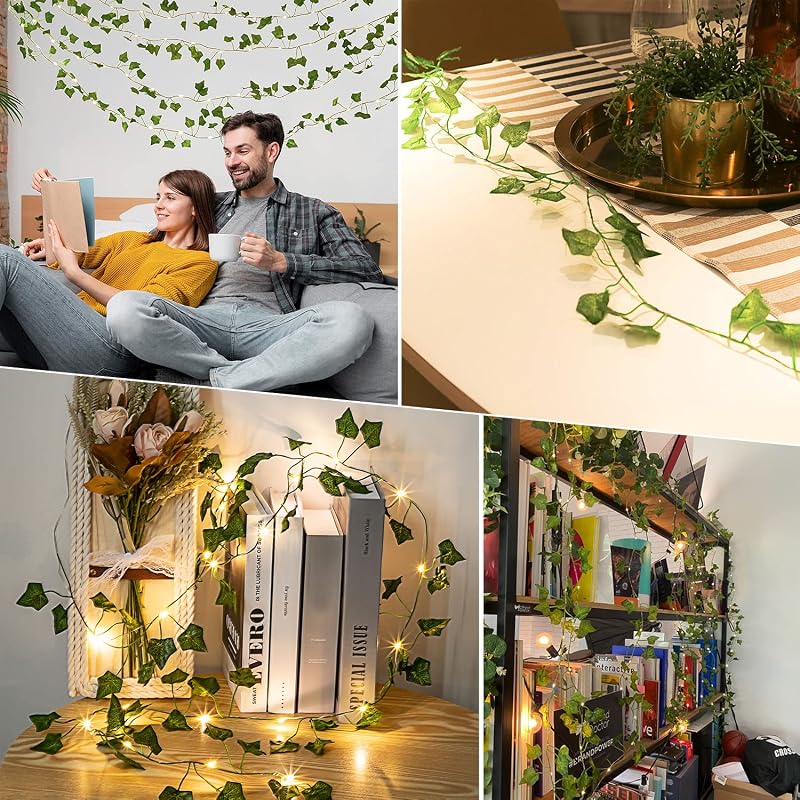 Bigzom 4m LED Borostyán Fényfüzér Időzítővel - Elemes Vízálló Műnövény Dekoráció Meleg Fehér Fénnyel Esküvőre, Partira, Kertbe, Erkélyre