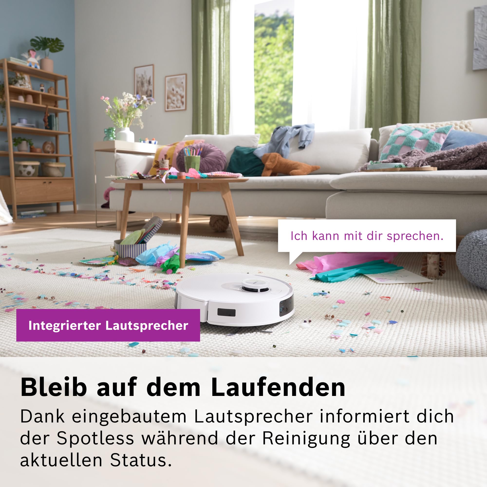 Bosch Spotless + BCRD1W Saugroboter mit Wischfunktion, 11.000 Pa Saugkraft, Wischpad, Trocken-Servicestation, Smart Vision Navigation mit Infrarot-Licht, Steuerung per App, weiß