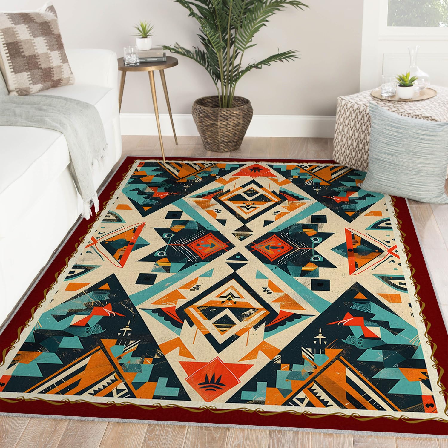 Nadający się do prania dywan do salonu, duży, miękki, aztecka geometria, antypoślizgowy, w stylu boho, odporny na plamy, podłoga wewnętrzna do sypialni, pokoju dziecięcego, jadalni, domu
