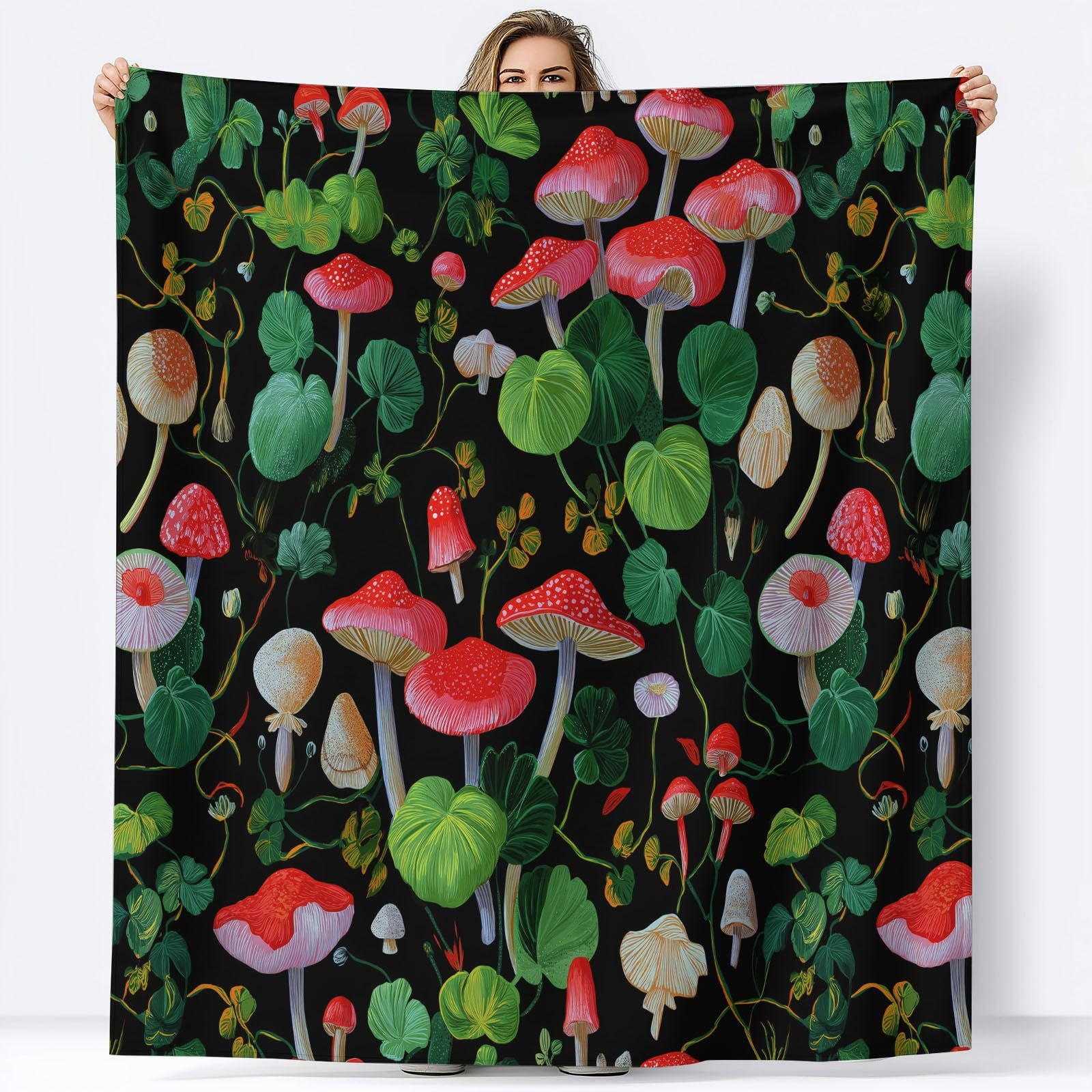 Generico Koc w kratę z polaru rośliny grzybów akwarelowy 180 x 220 cm przytulny gruby ciepły koc flanelowy miękki koc polarowy do łóżka kanapy krzesło, wszystkie pory roku