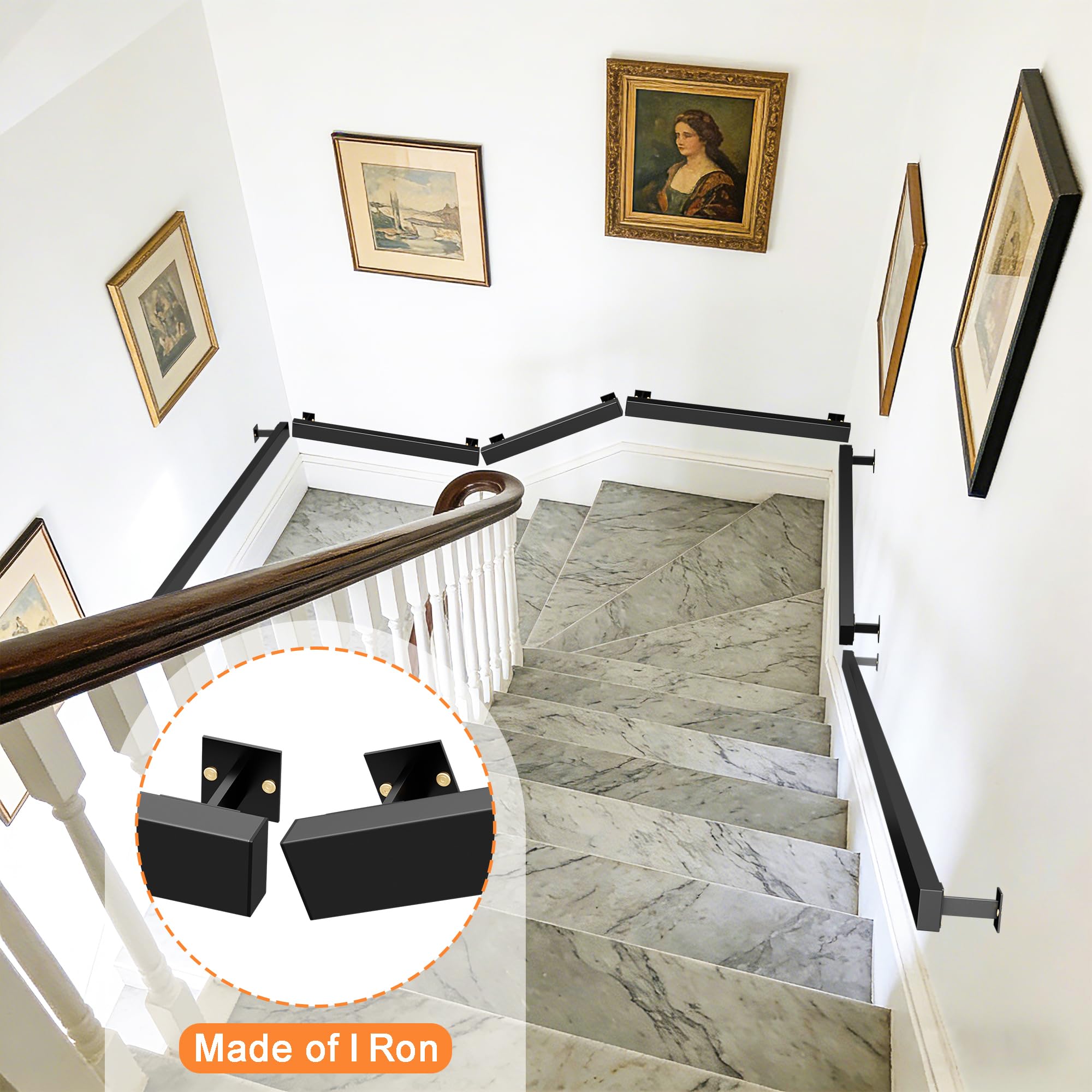 Handlauf Metall, Schwarz Matt Geländer Treppe Wandhandlauf Wand Innen und Außen mit Wandhalterung und Endkappen, Treppengeländer mit Zubehör, Handlauf Treppe für Treppen, Brüstung, Balkon (240cm)