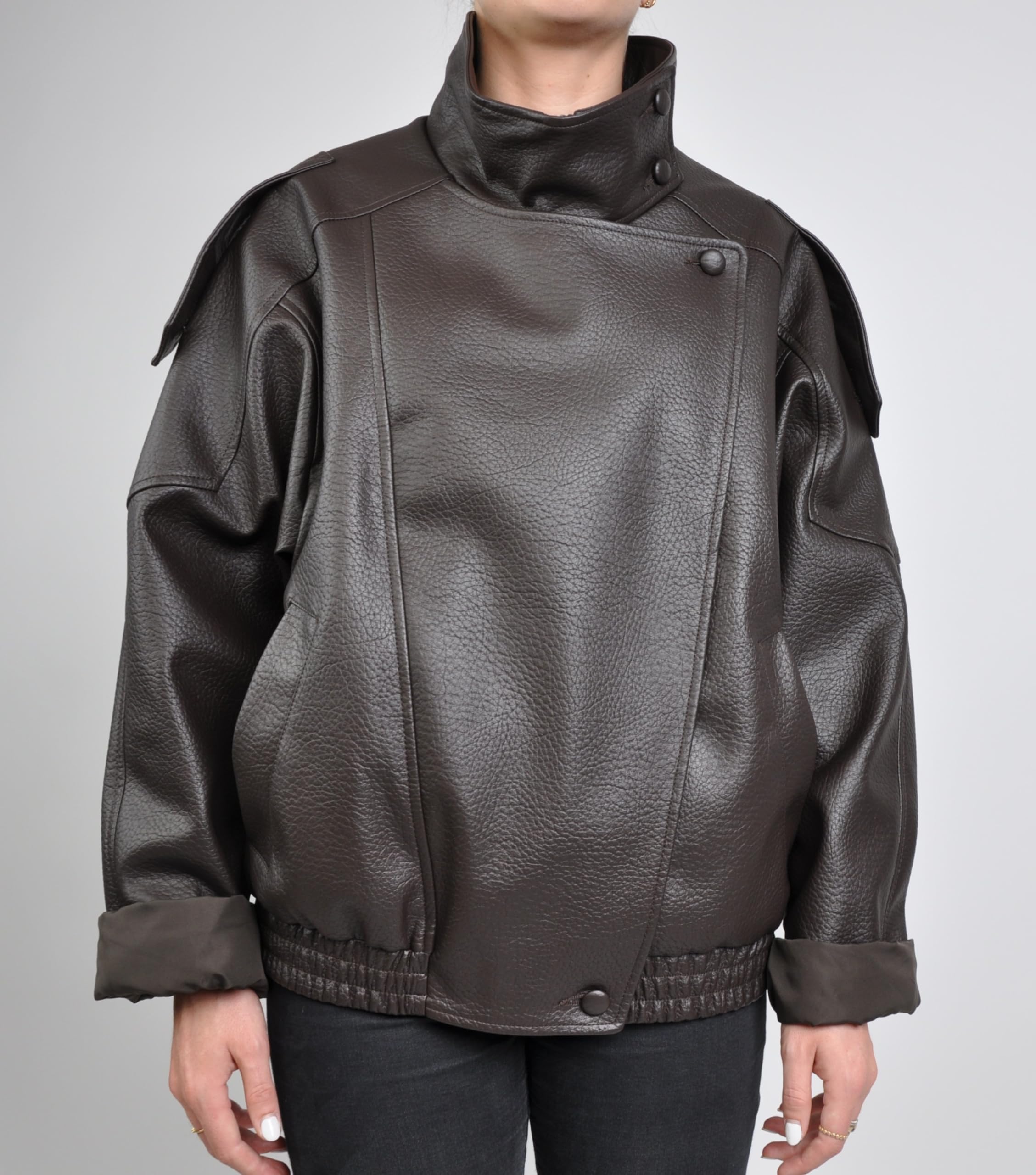 Blouson Biker Oversize en Similicuir Grainé, Col Montant, Style Perfecto