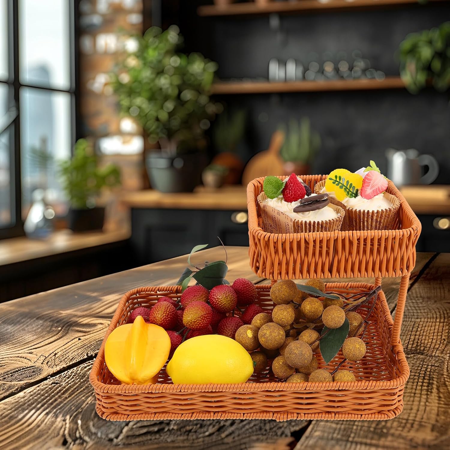 Garneck Woven Rattan Fruit and Bread Basket Organizer, 33x21x20cm Multi-layer Snack Serving Tray for Coffee Table Storage and Display