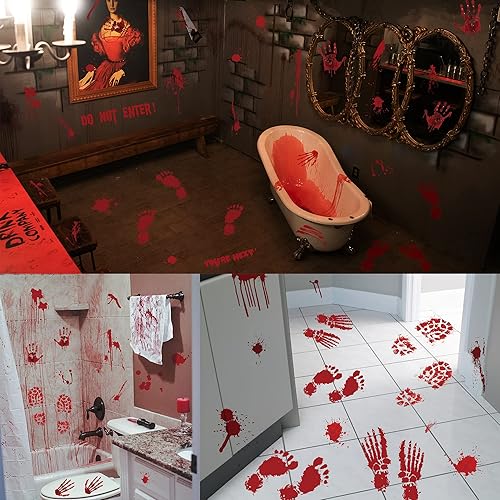 Miniatura 2 de 42 piezas de huellas de sangre que se adhieren al piso; suministros de calcomanías pegatinas para decoración de fiesta de Halloween de vampiro,