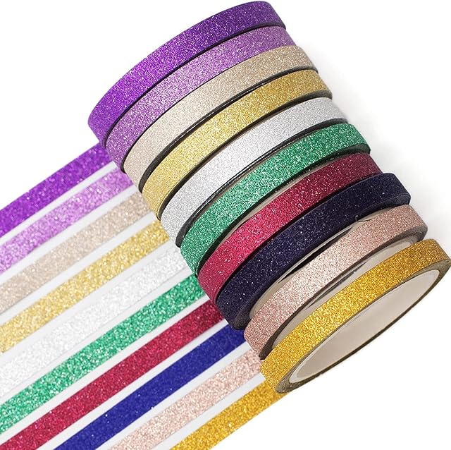 YUBX Glitter Washi Tape Set 10 Colors Sparkling Decorative Tapes Gold Silver Foil Masking Tape Sets for Craft, Kids, Scrapbook, DIY, Gift Wrapping 5MM