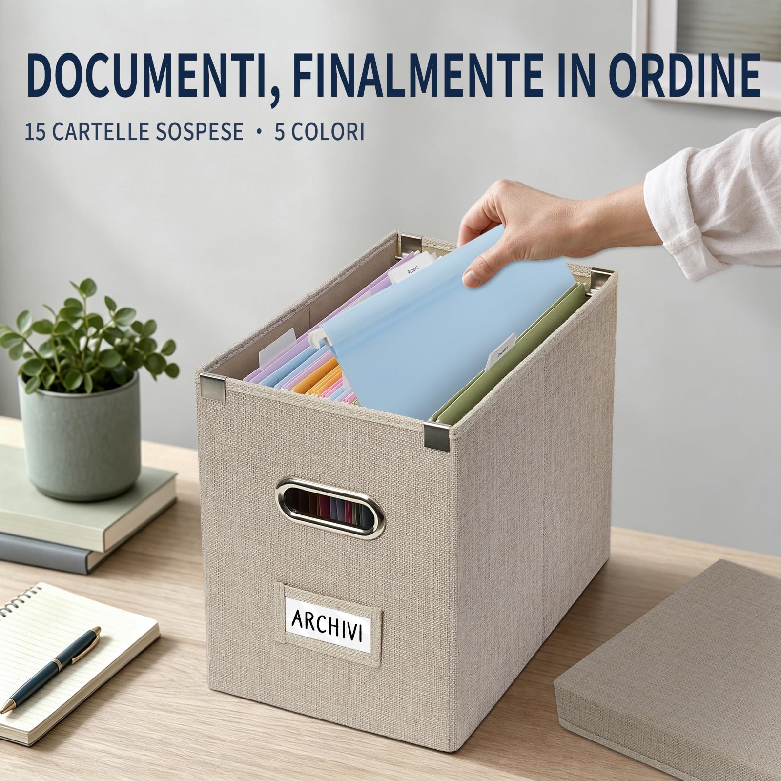 Scatola Portadocumenti con 15 Cartelle Sospese, Coperchio Asportabile, Barre Scorrevoli in Acciaio Inox, Etichette Adesive, Organizzatore da Scrivania Pieghevole per Ufficio e Casa