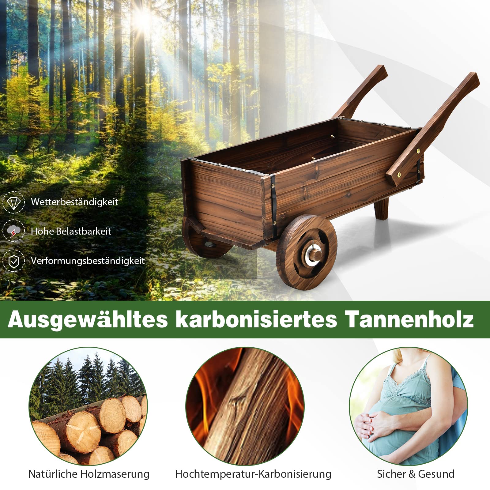 COSTWAY Drewniany wózek na kwiaty, wózek na rośliny z kółkami i uchwytami, wózek na kwiaty z otworem odpływowym, doniczka na rośliny, taczka, dekoracja ogrodowa, rustykalna wózek na rośliny do ogrodu