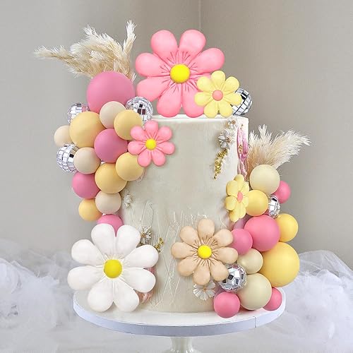 Miniatura 5 de 40 piezas Boho Daisy Flower Cake Topper Ball Cake Toppers Disco Ball Cake Decor Retro Hippie Daisy Flower Cake Topper para decoración bohemia Groovy