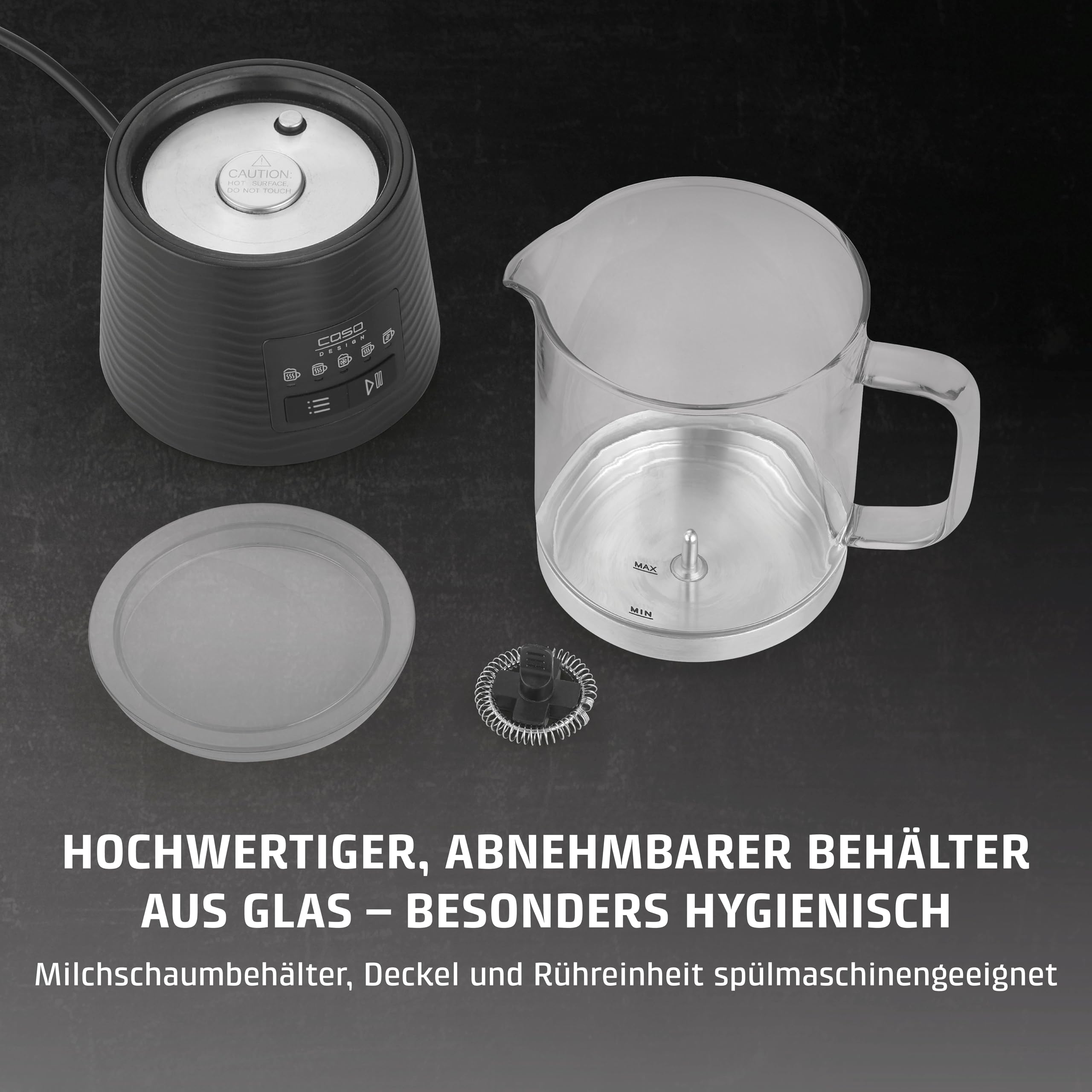 CASO CappuLatte - Design Glas-Milchaufschäumer, cremiger Milchschaum, heiß & kalt, abnehmbarer Behälter, spülmaschinengeeignet, 5 Funktionen, 250 ml/400 ml, LED-Anzeige, One-Touch