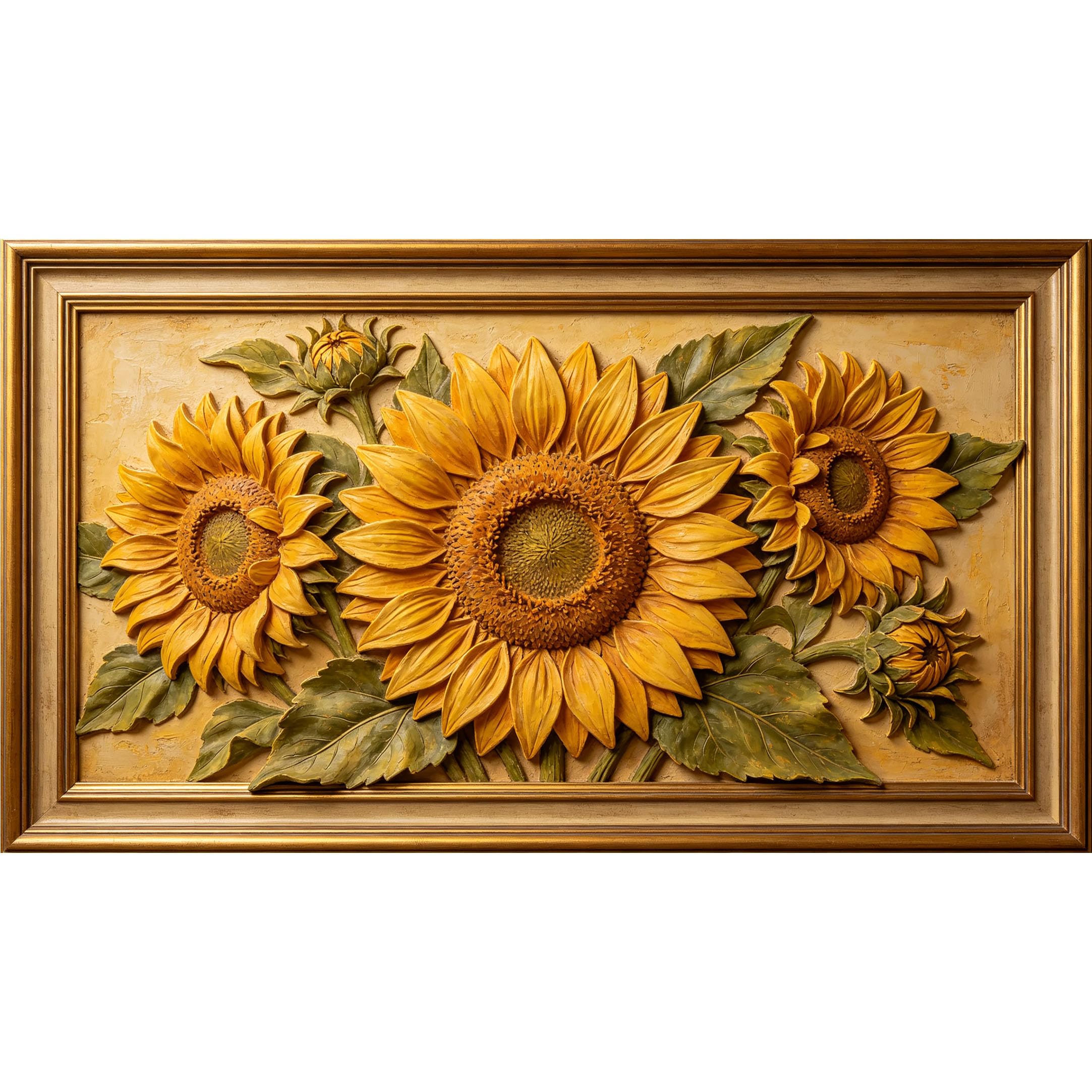 QZLITHOTIC 50x90cm3D Framed Wall Art， Botanical Sunflower Relief SelfAdhesive Mural， WaterActivated Peel & Stick Fabric Decor Wall Decal for Bedroom Living Room