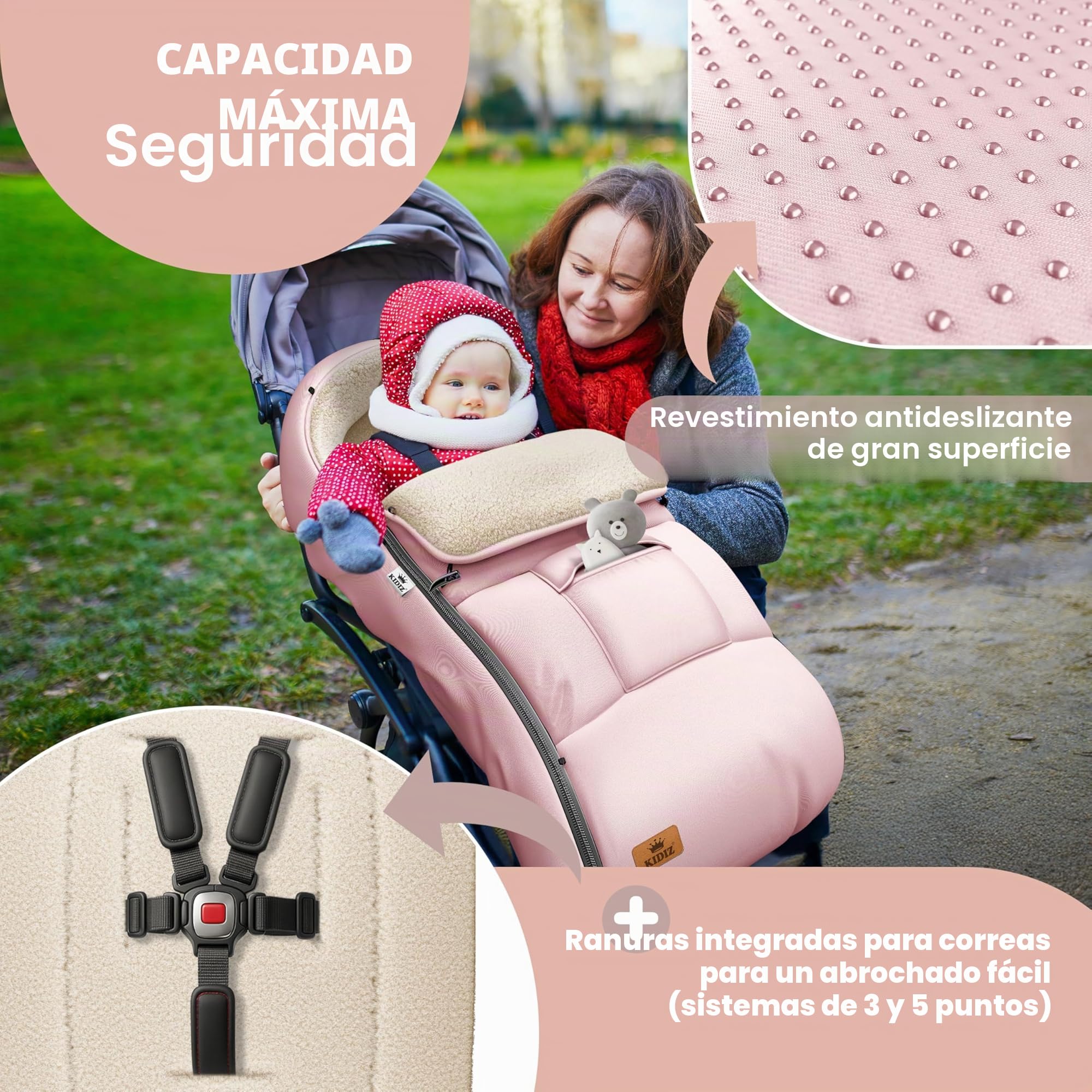 KIDIZ® Saco de Bebé de Invierno Con Cremallera, Peluche, Bolso, Manta Lavable Para Cochecito Con Cabecera, Apto Para Todos Los Cochecitos (Rosé Gold)