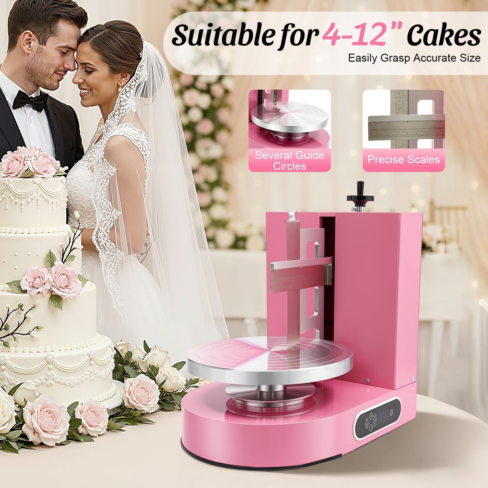 Plato Giratorio para Tartas Ajustable, Máquina Alisadora y Formación Hielo. Eléctrica para glaseado de pasteles, soporte giratorio pasteles lava, cumpleaños(Pink)