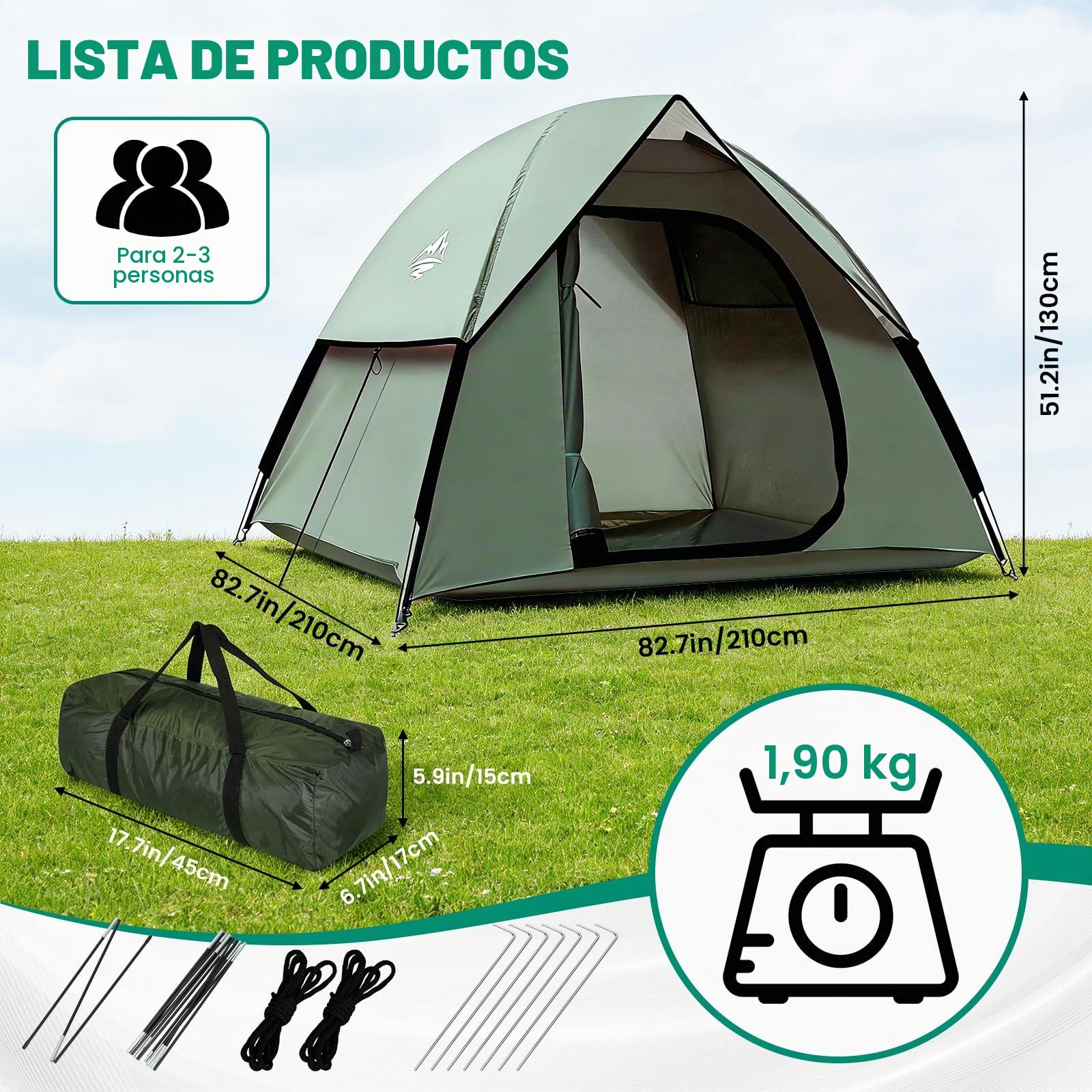 Tienda de campaña para 1-3 Personas, Ultraligera, Tienda de Doble Capa Impermeable y Resistente al Viento con tamaño de Embalaje pequeño para Acampar, jardín, Senderismo, Trekking y familias