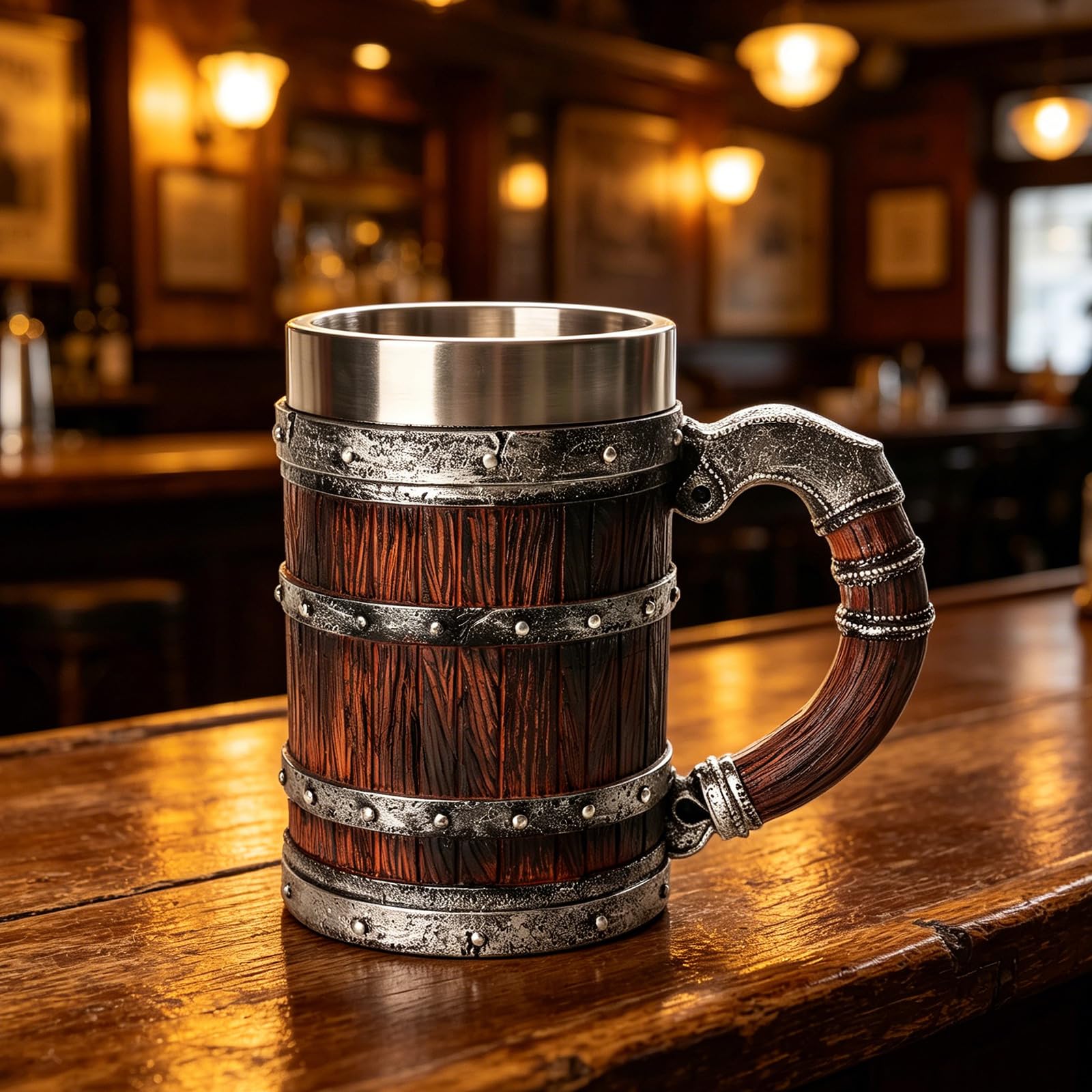 Generisch Chope à bière en bois avec isolation à double paroi, grande capacité, tasse en résine, gobelet intérieur en acier inoxydable pour boissons chaudes et froides, gobelet historique
