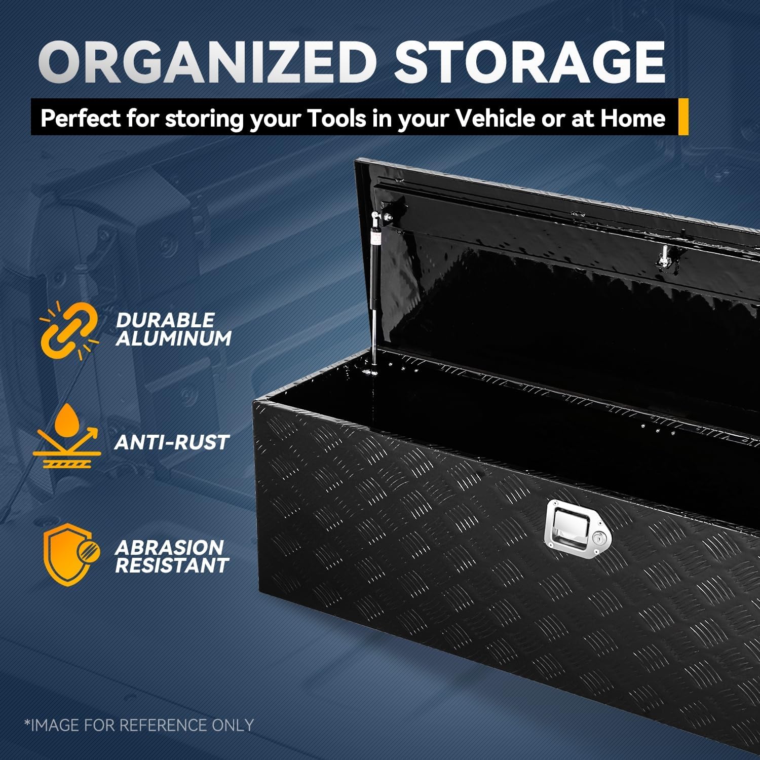 Auto Dynasty Aluminum Tool Boxes Truck Bed Organizer with Recessed Side Handles, Keys with Lock, Hydraulic Lift, 46.9'' W x 15.0" D x 15.0" H, Powdercoated Black Aluminum & Steel