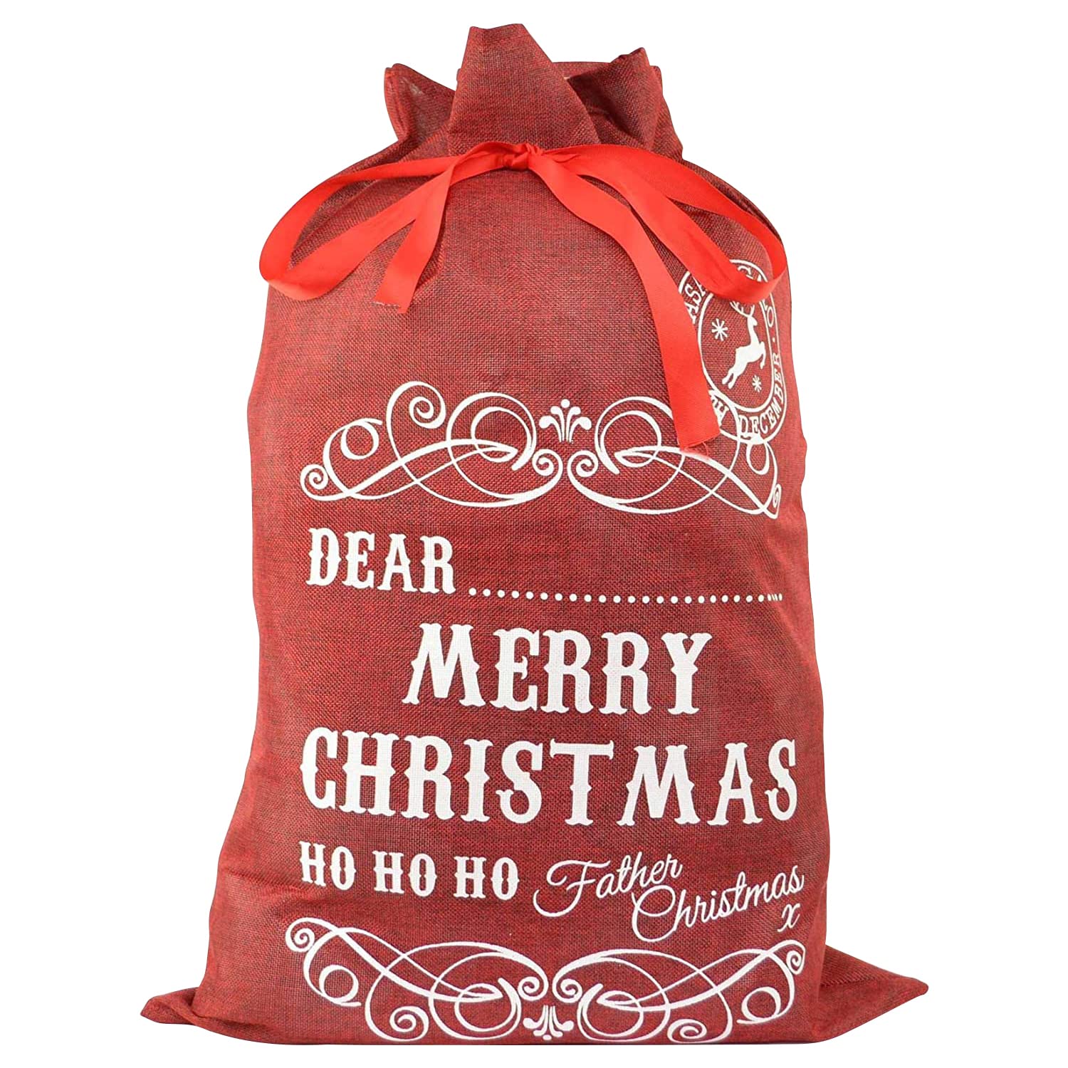 Trimming Shop 50x72cm Santa Sack Large Traditional Vintage Merry Christmas Printed Burlap Hessian Linen Father Santa Claus Sack Stocking Accessories Xmas Gift Personalize Christmas Decorations