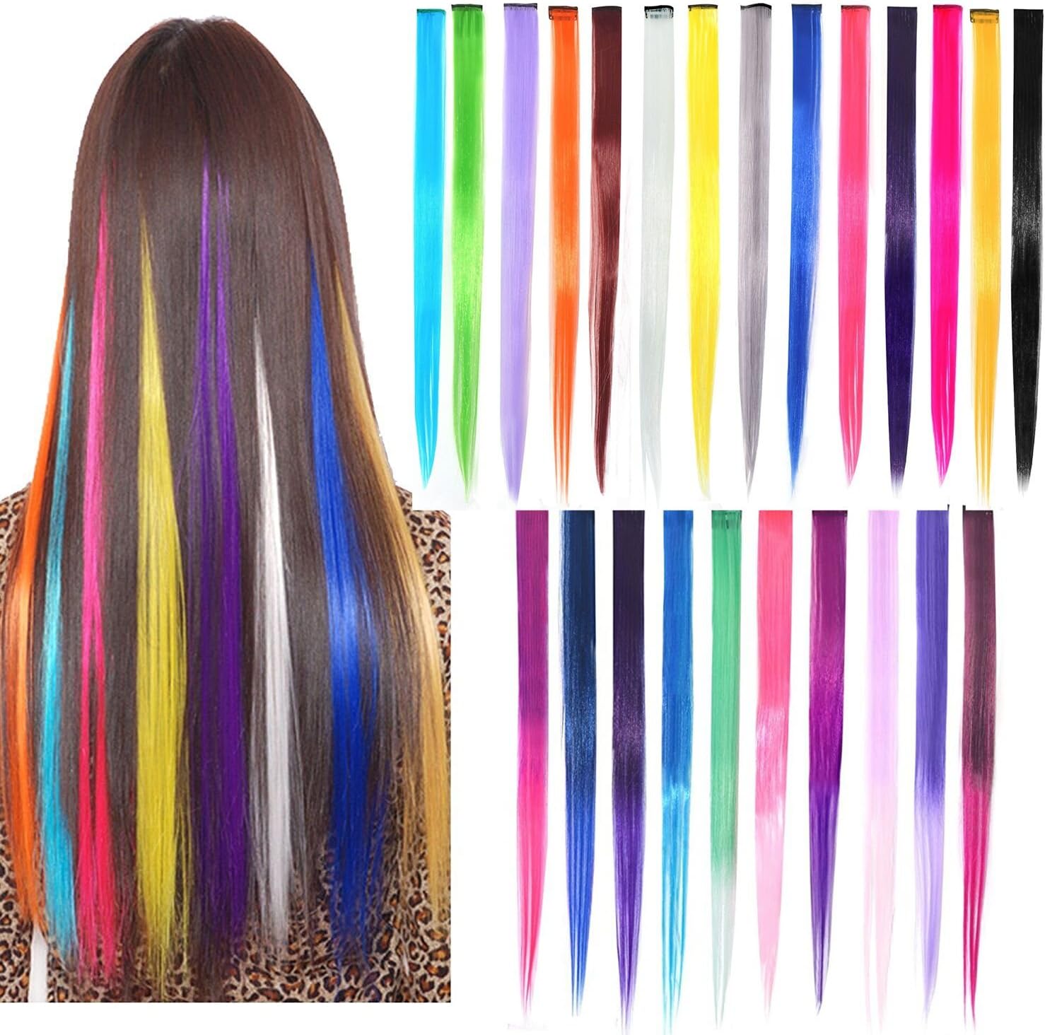 24pcs Rainbow Hair Extensions, Clip in Hair Extensions 22" Gradient Color Straight and Curly Fashion Hairpieces Rainbow Hair Extensions Party Highlights Colorful Clip In Synthetic Hair Extensions