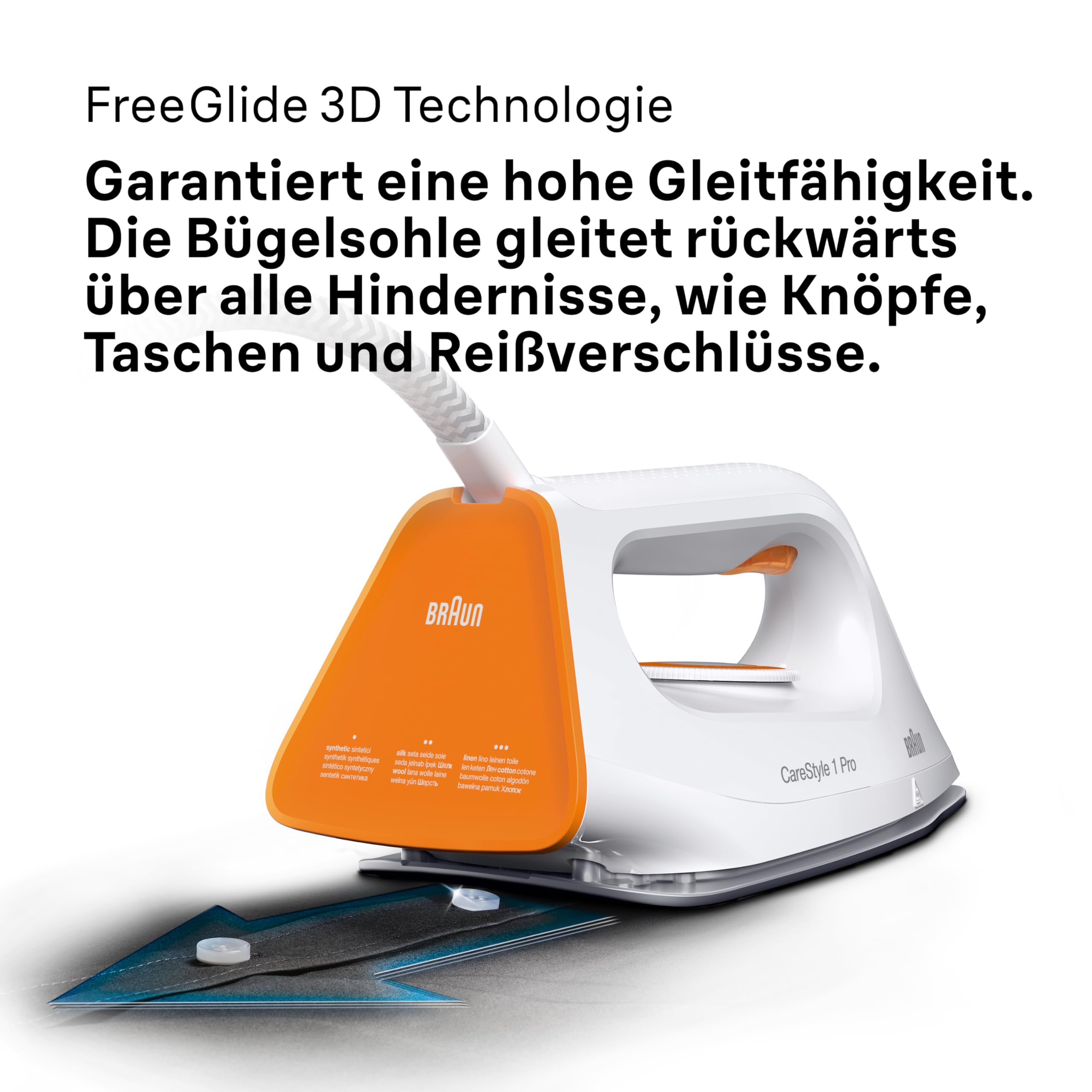 Braun CareStyle 1 Pro IS 1511 WH, Dampfbügelstation - Dampfbügeleisen mit FreeGlide 3D-Technologie, Vertikaldampf, Anti-Tropf-Funktion, 1,7 l Wassertank, 5,5 bar, 360 g/min, 2200 W, Weiß/Orange