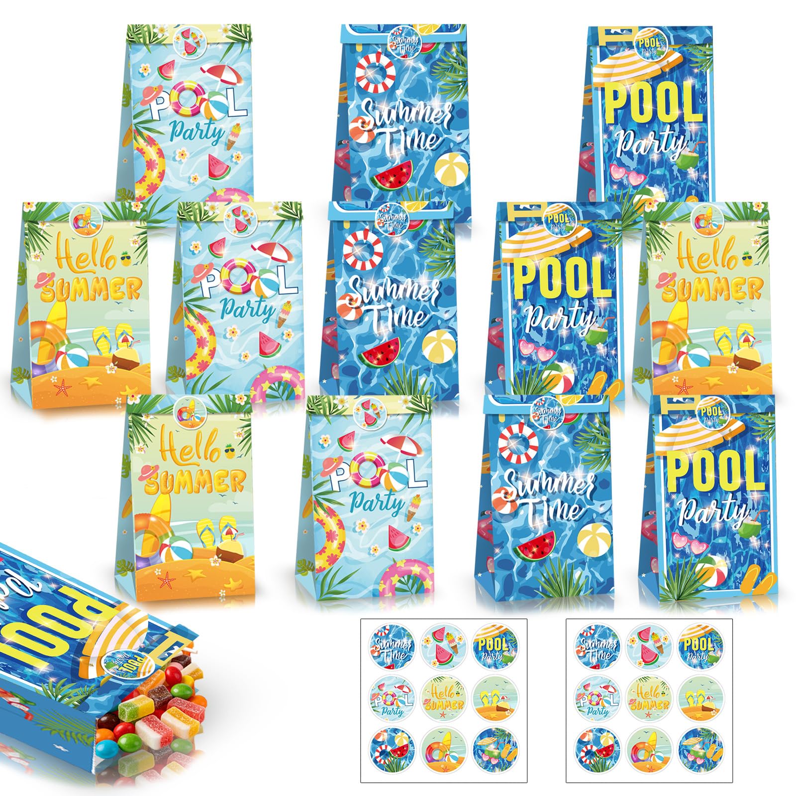 12Pcs Summer Pool Beach Party Bags Paper Gift Bag for Kids Party,Kraft Sweet Goodie Treats Candy Bag with 18 Sticker,Blue Small Gift Bags for Boys Girls Kids Birthday Luau Tropical Beach Party Favour