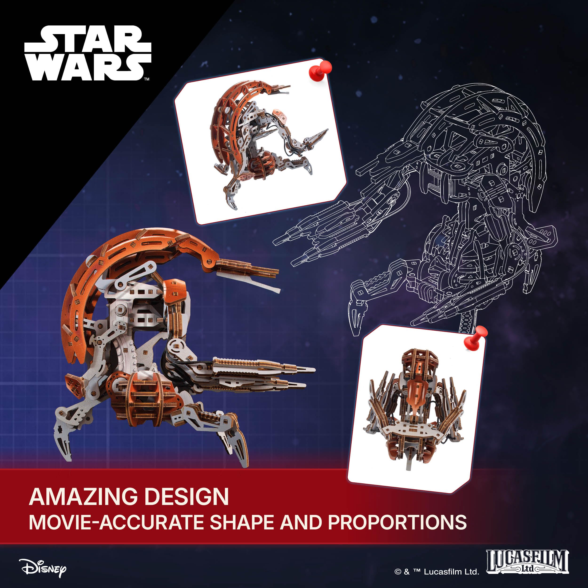 UGEARS Star Wars Droideka Drewniane Puzzle 3D – Mechaniczny drewniany model do złożenia, zestaw DIY do budowy, kolekcjonerskie puzzle z drewna, szczegółowy projekt konstrukcyjny i pomysł na prezent dl