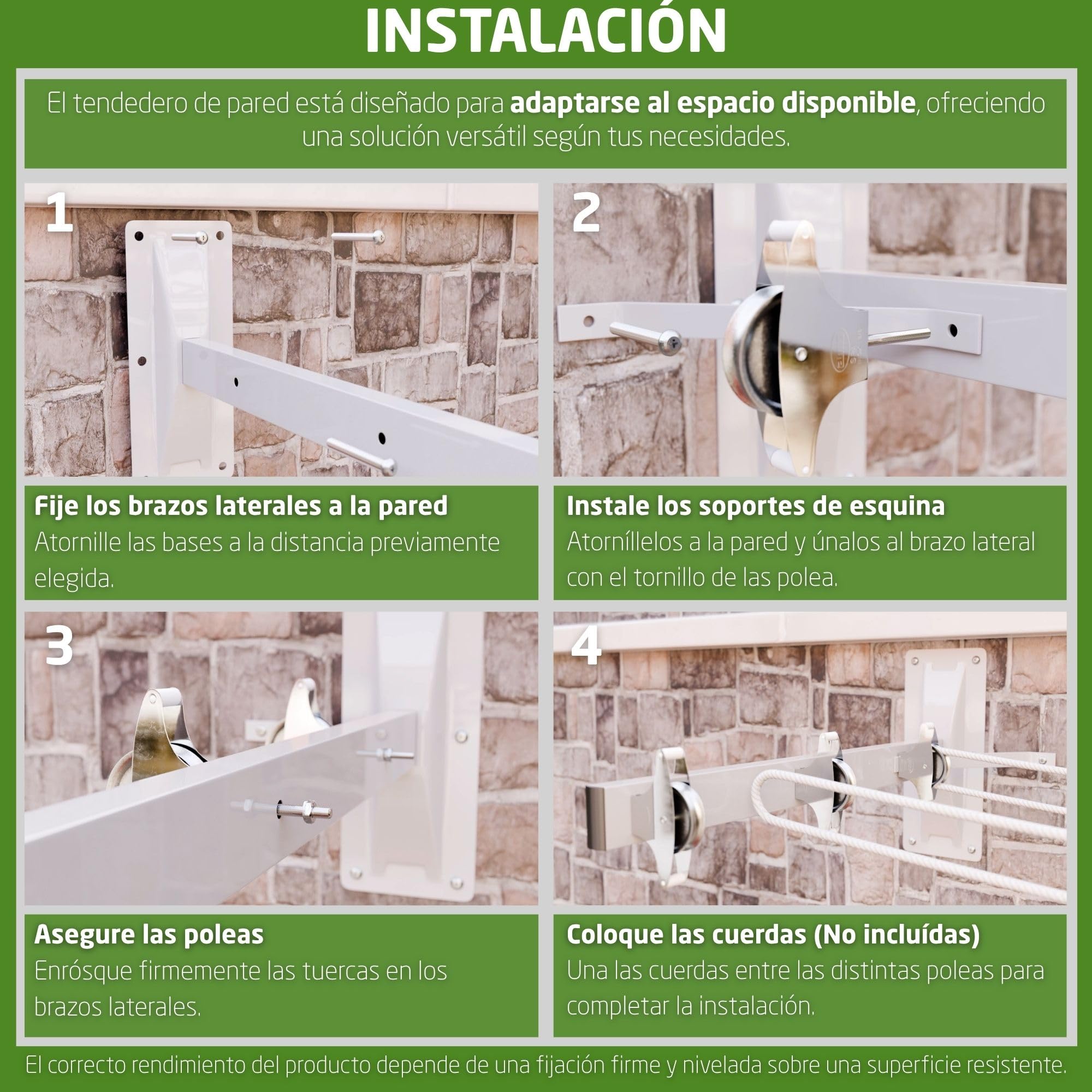 Amig - Tendedero Lateral de Pared Mod. 3 - Tenderete 2 Brazos con 6 poleas de Acero INOX - para 3 Cuerdas - Acero con Pintura epoxy - Uso Exterior - 450 mm - con Accesorios de fijación - Color Blanco