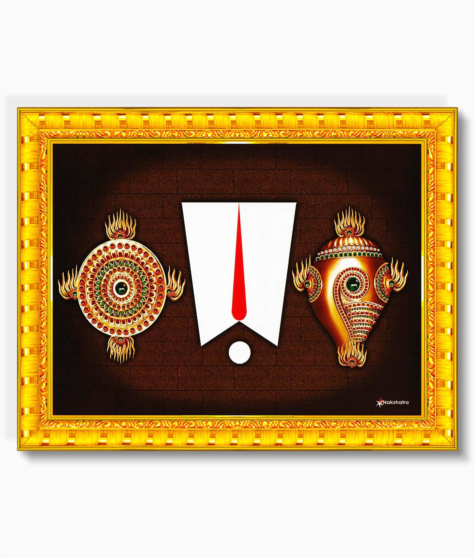 Pavan Photo Laminations Shanku Chakra Shank Chakram Wall Painting Framed Home Decor (Wood,Matte,Gold,Small Size,6 x 8 Inch) R427S