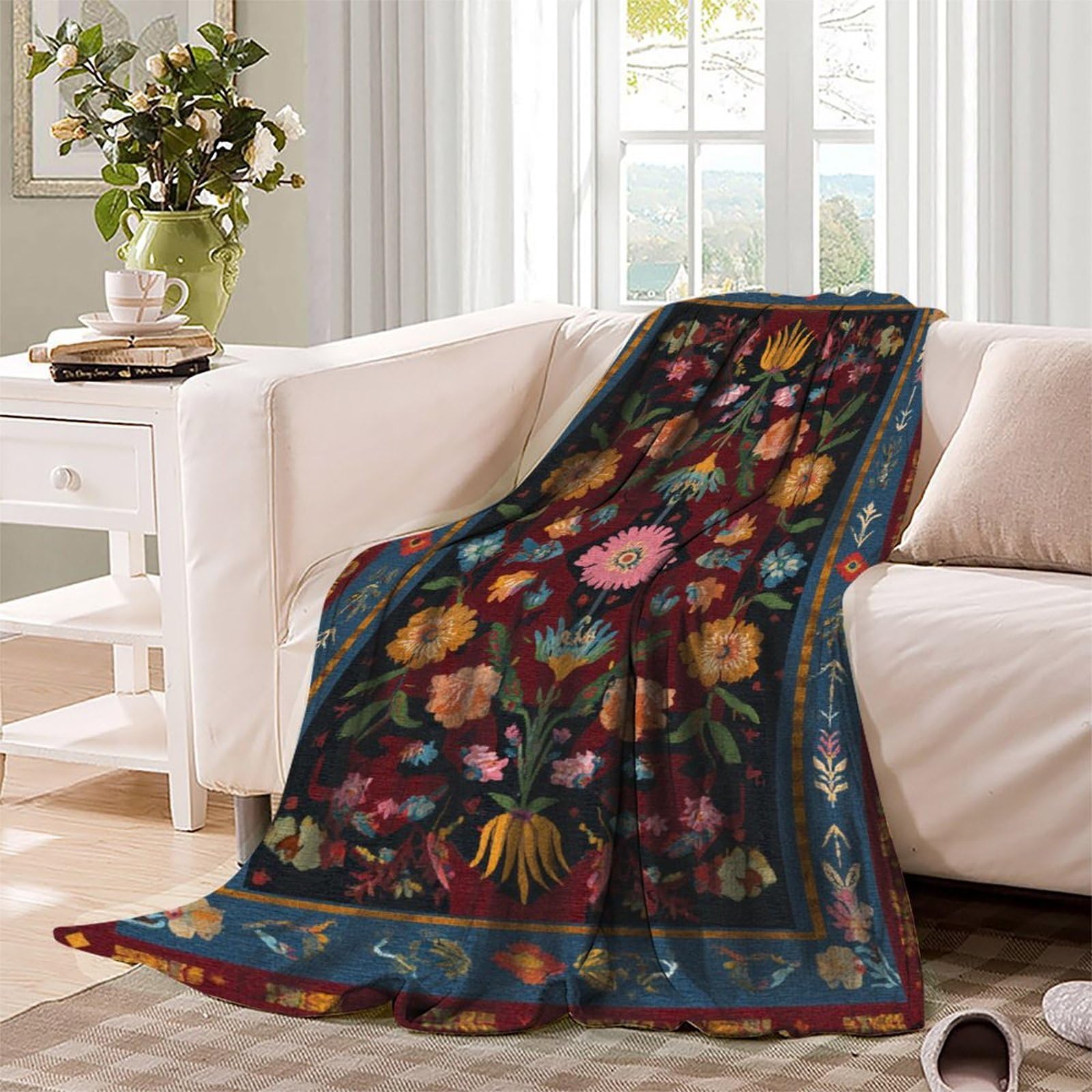 Arte popolare Manta Estampada 3D Floral And Geometricoo Shapes Colcha De Diseño Ropa De Cama De Microfibra Suave Y Cálida Sofá Ropa De Cama 80x90inch(200x230cm)