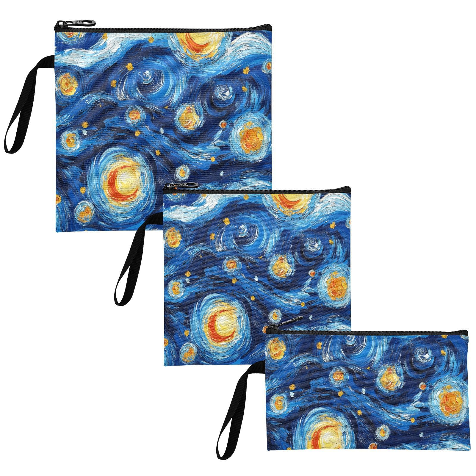 Blue and Yellow Oil Painting Starry Sky 3 Piecing Reusable Sandwich Snack Bag Portable Emergency Food Bag for Travel Items, Home Organization