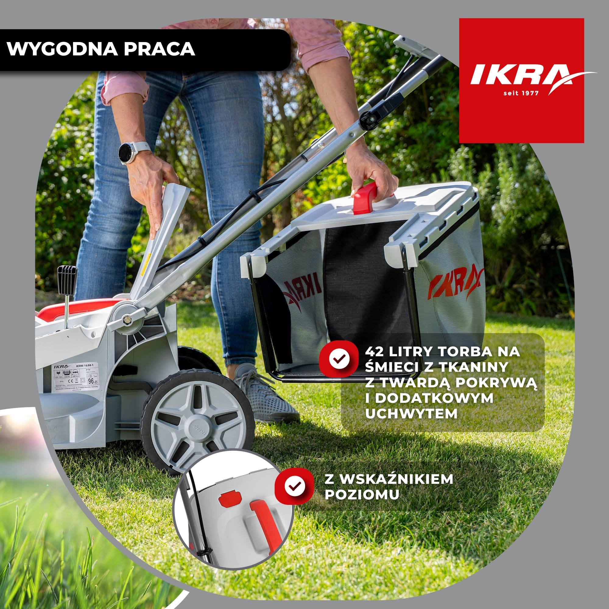 IKRA Kosiarka elektryczna IERM 1638-1, 1600W, szerokość koszenia 38cm | 2-stopniowa regulacja uchwytu, wysokość koszenia 30–75 mm, kosz 42 l, hartowany nóż, z funkcją składania