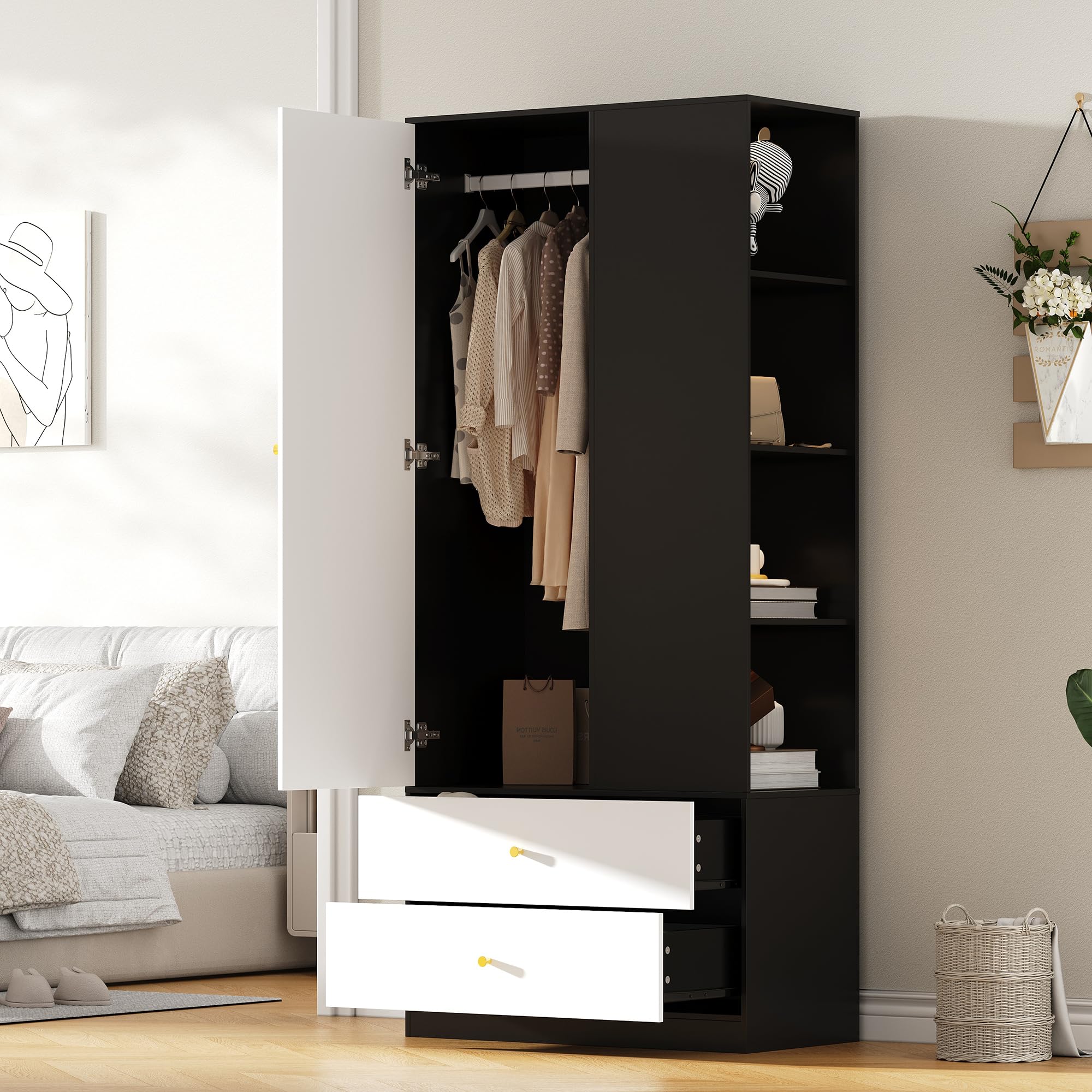 Armario con espejo y una puerta. Perchero moderno con 2 cajones y 4 estantes, ideal para almacenamiento versátil en el dormitorio. Blanco+Negro, Dimensiones: 80 x 40 x 180 cm