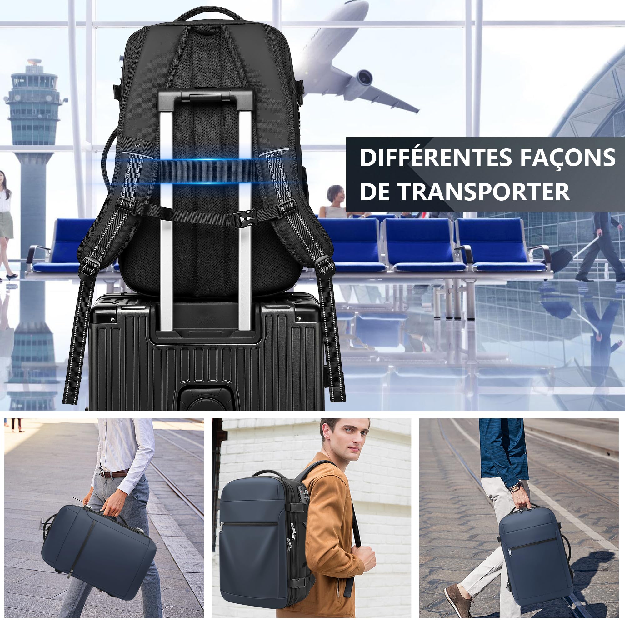 LOKASS Zaino sottovuoto, bagaglio a mano, zaino da viaggio, 60 l, espandibile, 17,3 pollici, zaino da viaggio, impermeabile, lucchetto TSA, bagaglio a mano, zaino con pompa a vuoto, Blu