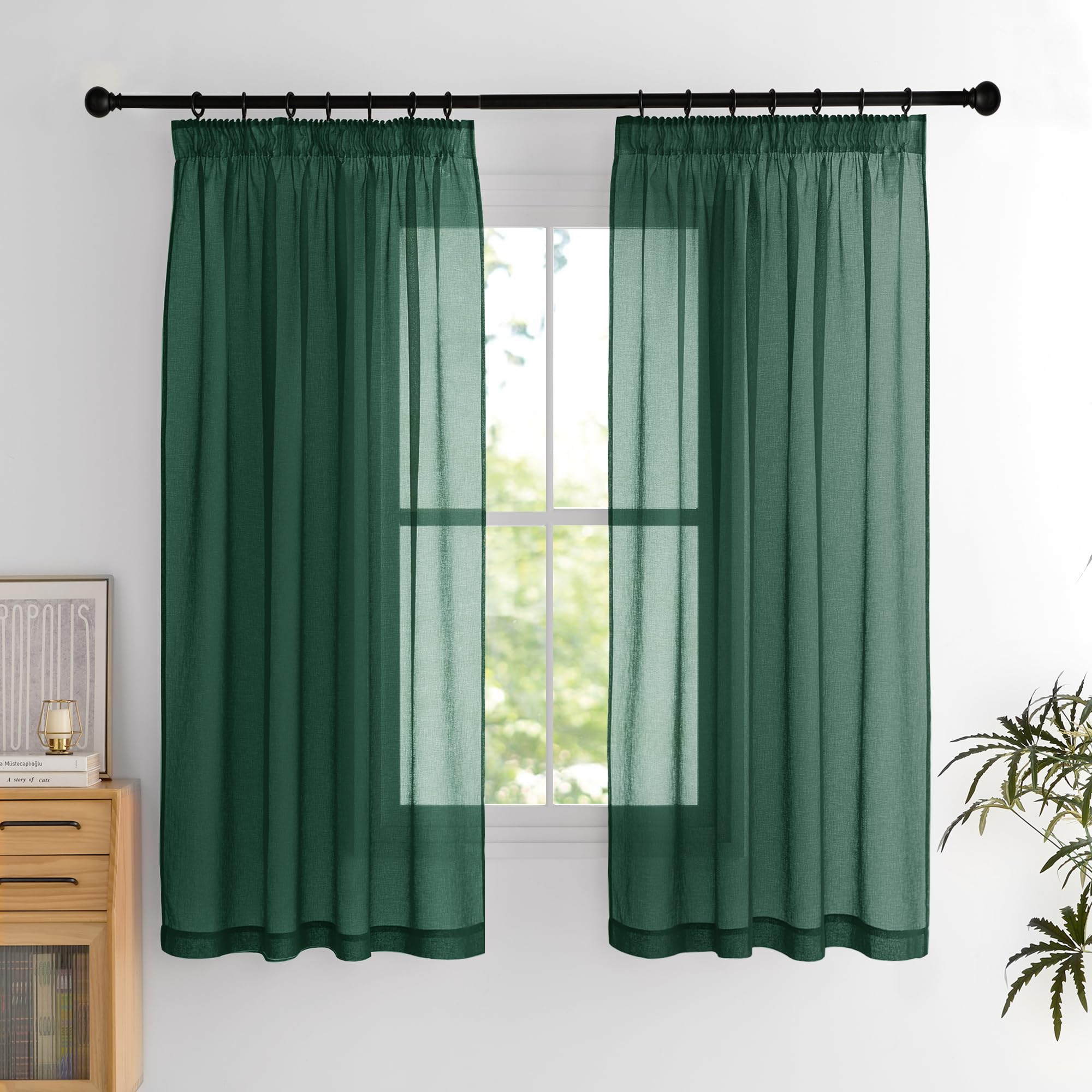 PONY DANCE Tende Corte per Cucina Filtraggio Luce Morbida Tende per Interni Moderne con Fettuccia Decorazione Voile Curtains Trasparenti 2 Pezzi L 140 x A 160 cm, Verde Scuro