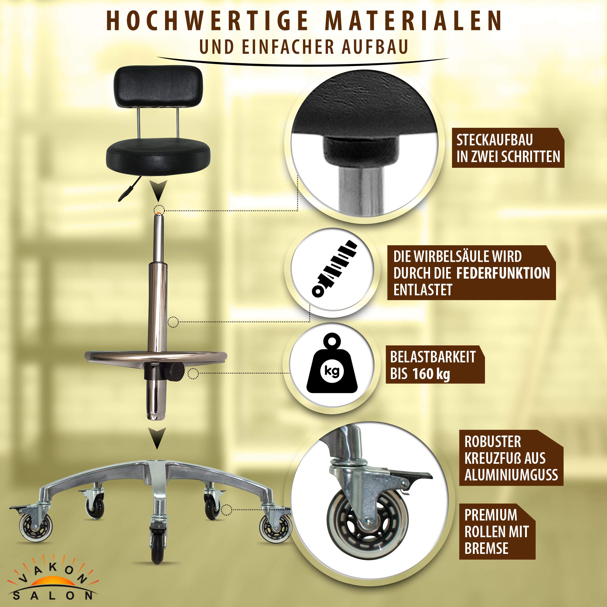 Rollhocker mit Lehne und Fußring - Premium Rollen mit Bremse - Höhenverstellbarer von 55-75 cm - Drehhocker Arbeitshocker Praxishocker