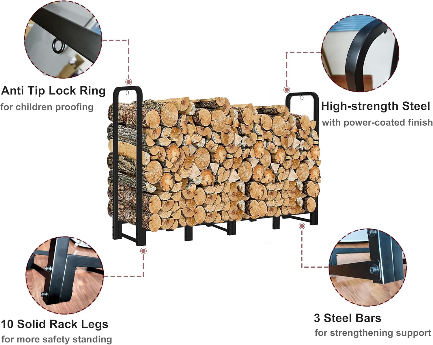 Firewood Rack Outdoor 8ft Heavy Duty Logs Holder for Indoor Fireplace Metal Wood Pile Storage Stacker Organizer, Matte Black