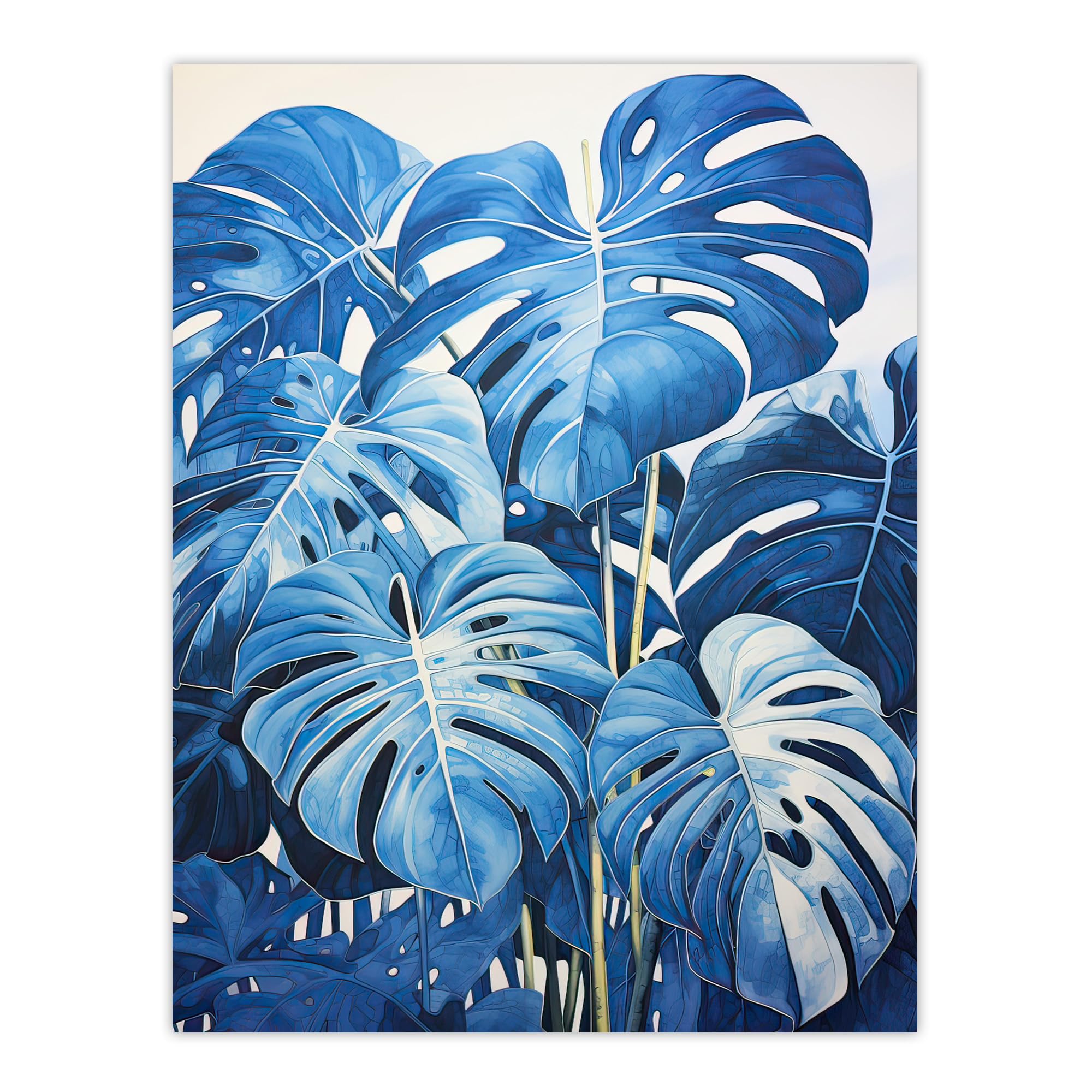 Monstera Plant Leaves Blue Watercolour Wall Art Print - Artery8 Poster Picture W24 x H32 inch