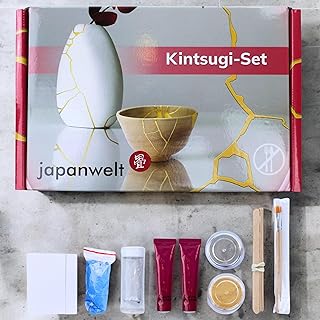 Japanwelt Kintsugi-Set Reparatur-Kit 9-teilig, Porzellankleber Keramikkleber Emaille-Reparaturset, Kleber Gold Repair Schale Keramik Porzellan Porcelain Glue Bowl Keramik-Reparatur-Set Keramikschale