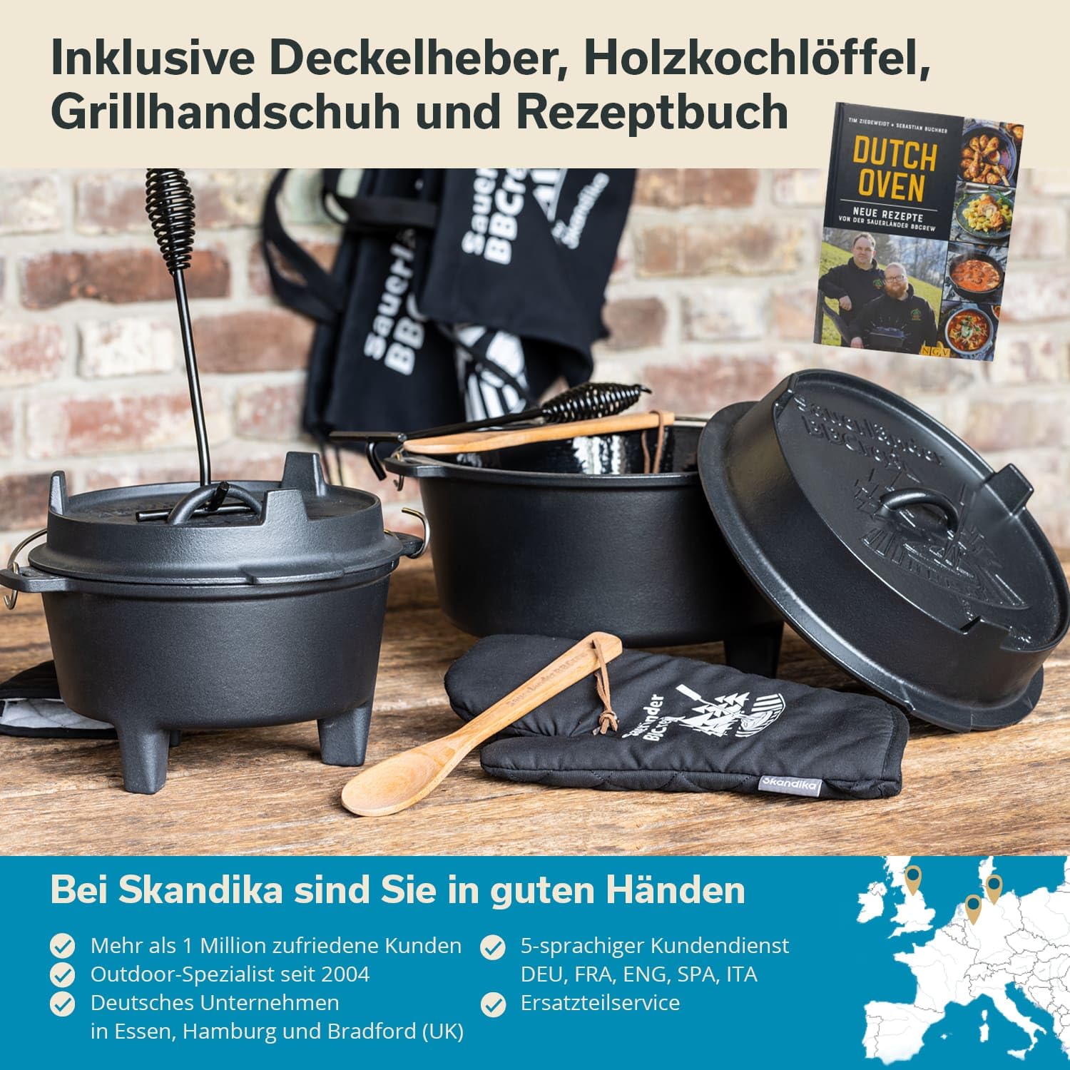 Skandika Dutch Oven der Sauerländer BBCrew 10,25 l, żeliwny garnek z emaliowanym naczyniem z książką z przepisami (może nie być dostępna w języku polskim), otwieracz do pokrywek i dodatki, nadaje się do mycia w zmywarce, z nóżkami, do grilla, na kemping