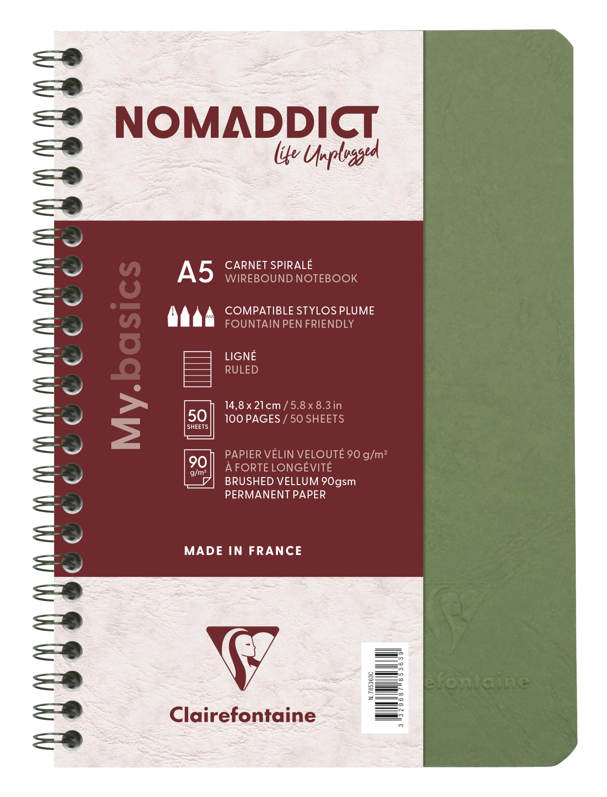 Clairefontaine 785363C Collection Age Bag A Green Spiral Notebook - A5 14,8x21 cm - 100 Lined Pages - White Paper 90 g - Glossy Card Cover Leather Grain