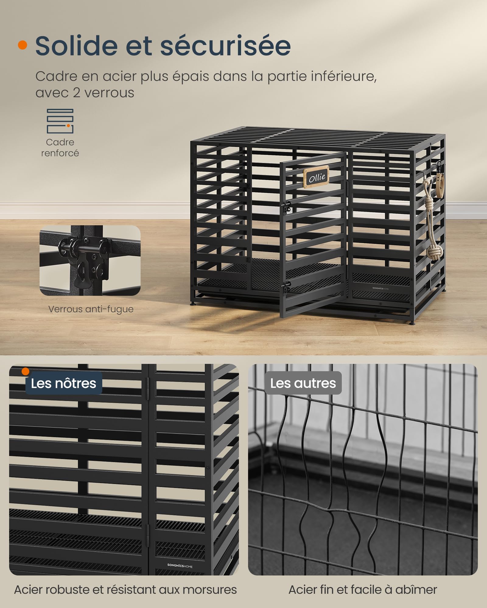 SONGMICS HOME Cage pour Chien Robuste Taille XL 107 x 70 x 82,5 cm Noir d’Encre