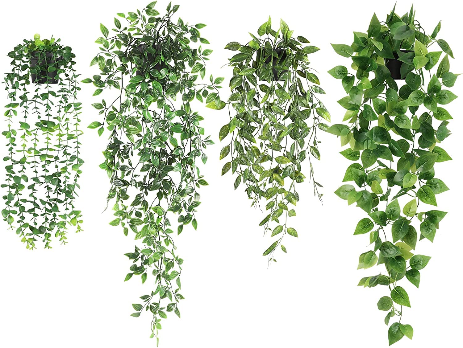 4-Pack Artificial Hanging Plant with Pots- Realistic Green Plants Flowers - Indoor & Outdoor Faux Greenery for Home Decoration, Living Room, Bedroom (4-Pack Hanging)