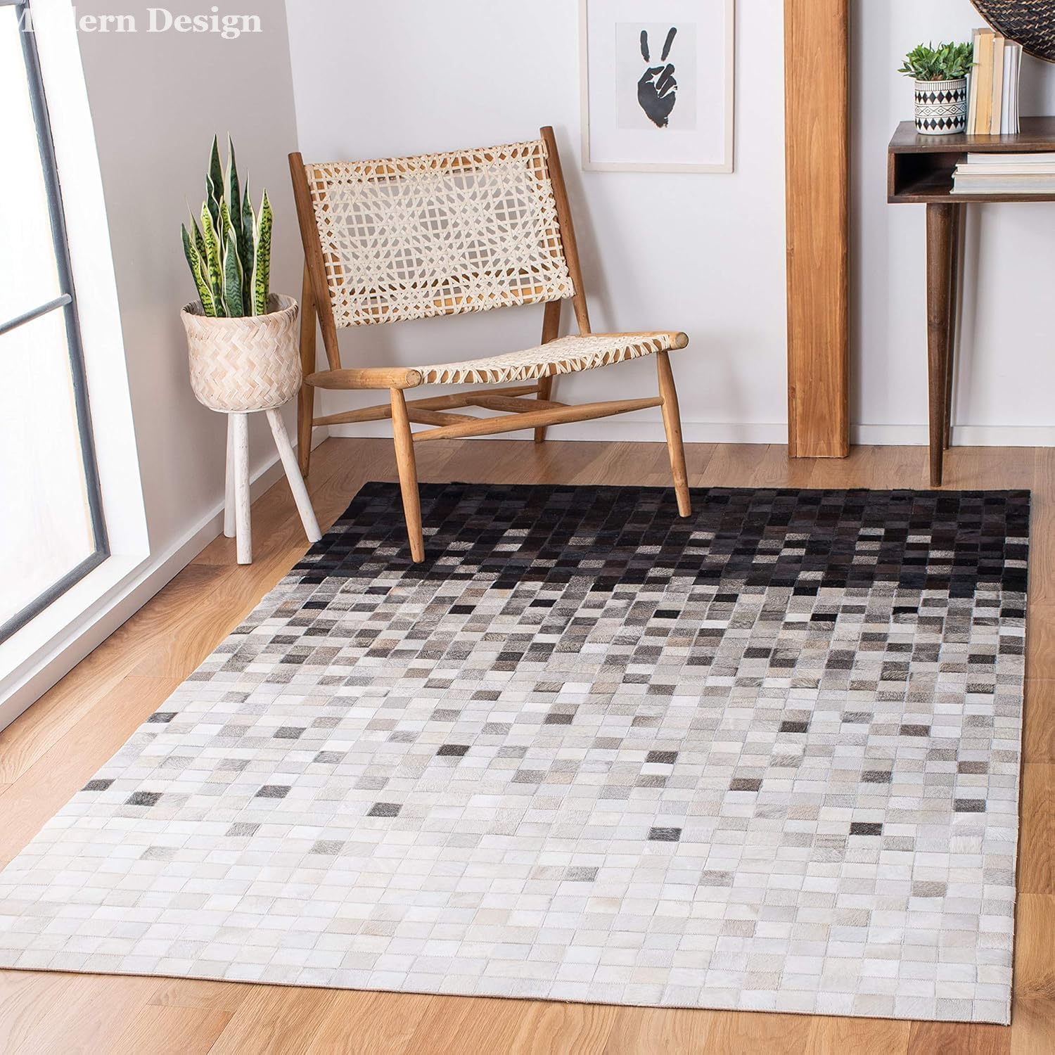 Modern Design Premium Leather Mosaic Area Rug, Geometric Pattern, Natural Multi Grey, Living Room Carpet (Multi Grey/Beige, 12x18)