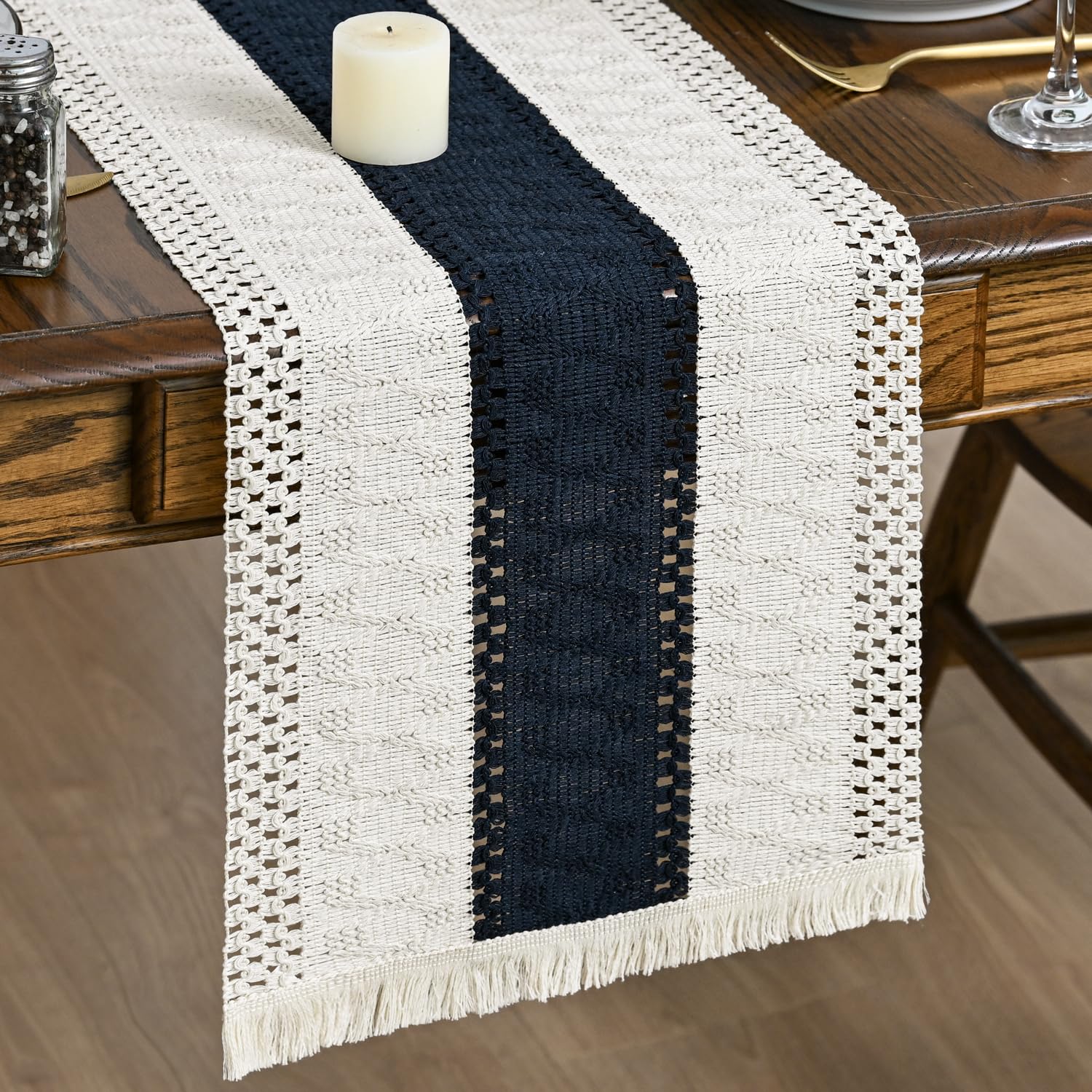 Artoid Mode Blue Farmhouse Rustic Tassel Table Runner 30x183 cm, Seasonal Holiday Hollow Kitchen Dining Table Decoration for Home Party Decor