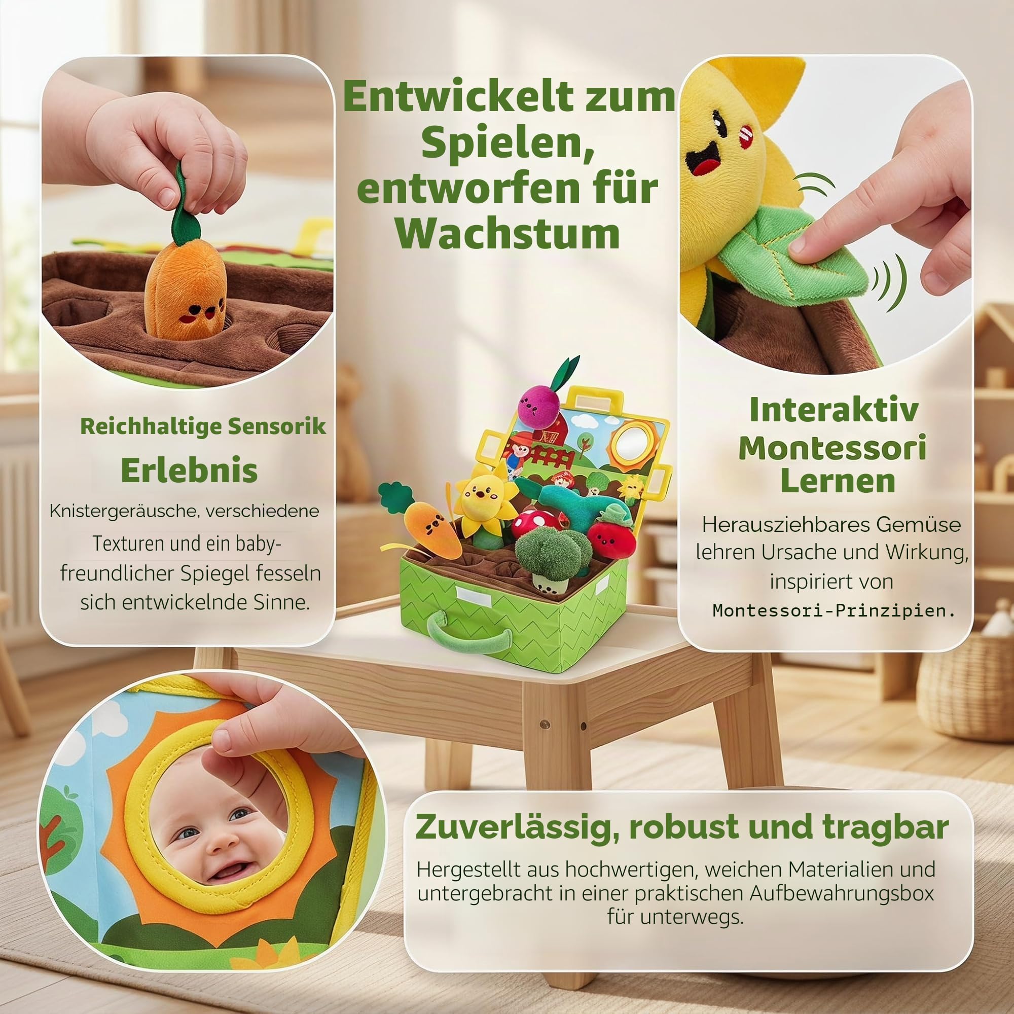 Sensorik Spielzeug Baby, Bauernhof Spielzeug mit Obst und Gemüse, Baby Spielzeug 1 Jahr, Vielseitiges Sinnespflege-Set mit Rassel und Spiegel, für Geburt, den Ersten Erkundungsspaß