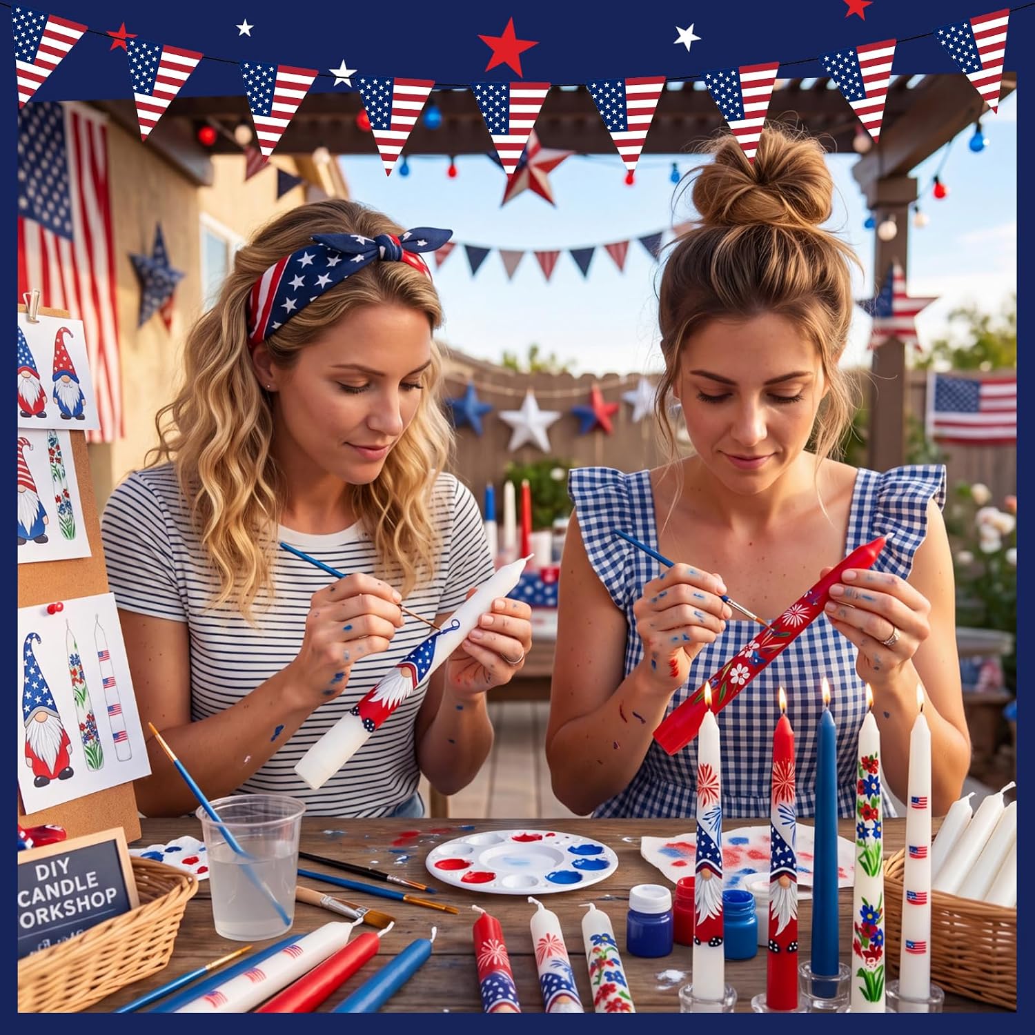 Treela 48 Pcs 4th of July DIY Candle Painting Craft Kit, 10 Inch Red Blue White Candlesticks, Acrylic Paint Strips, Palettes, Painting Brushes for Patriotic Independence Day Party Activity Home Decor